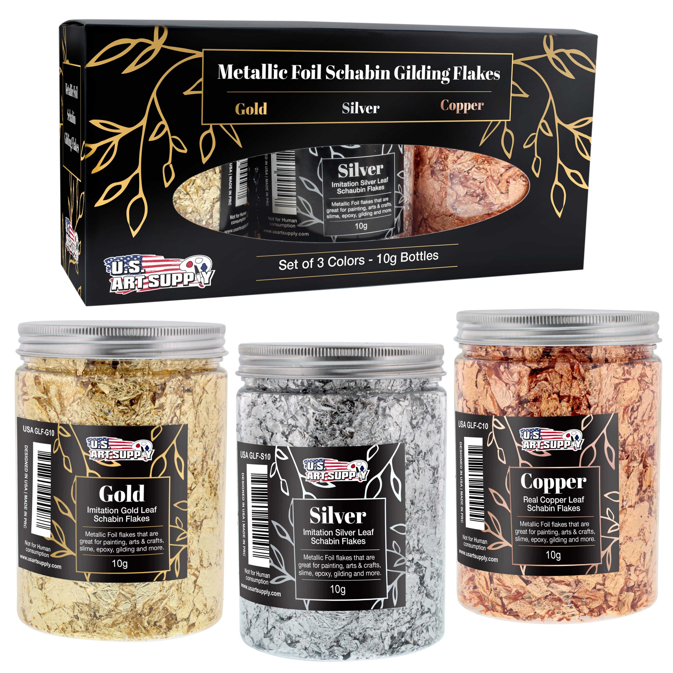 Metallic Foil Schabin Gilding Flakes (3 Pack). Imitation Copper. Silver & Gold 10 Gram Bottles - Metal Leaf Foil Flakes for Resin. Nails. Crafts. Painting. Jewelry. Slime