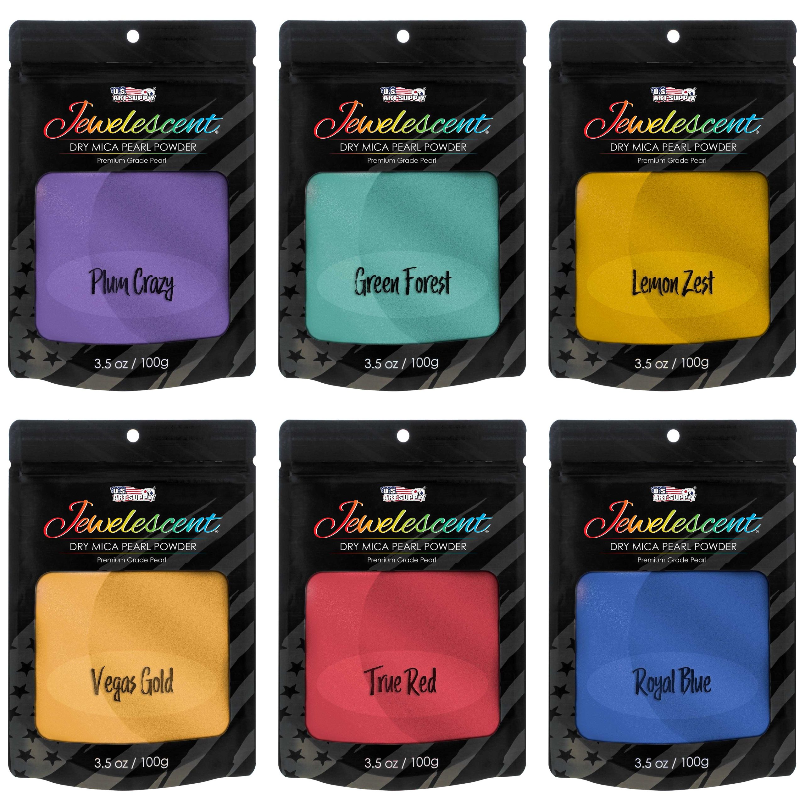 Jewelescent Mica Pearl Pigment Powder Kit. 6 Basic Colors. 3.5 oz (100g) Pouches - Cosmetic Grade. Epoxy Resin Color Pigment. Mica Powder for Resin. Soap. Slime. Candle Dye. Art