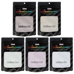 Jewelescent Mica Pearl Pigment Powder Kit. 5 Interference Colors. 3.5 oz (100g) Pouches - Cosmetic Grade. Epoxy Resin Color Pigment. Mica Powder for Resin. Soap. Slime. Candle Dye. Art