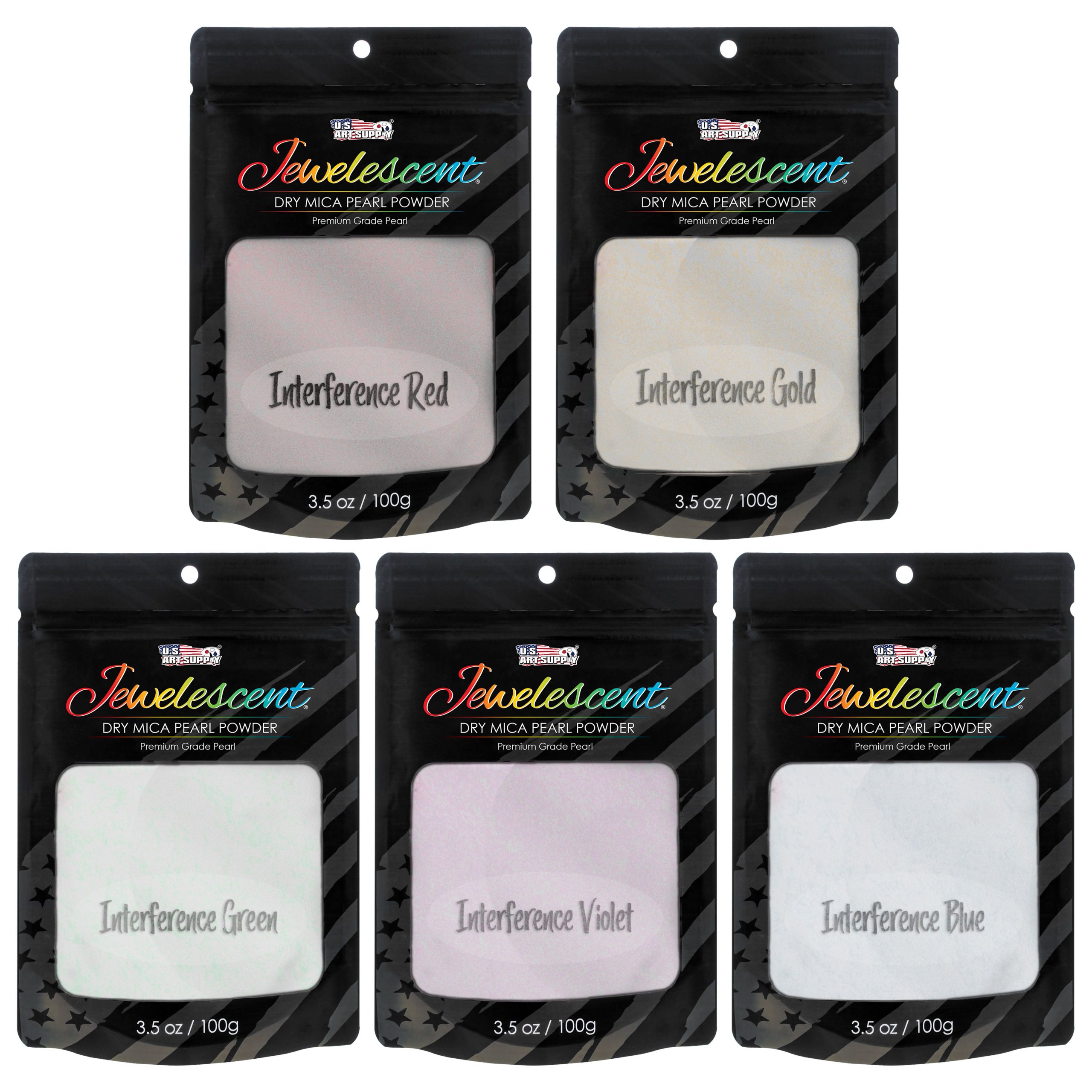 Jewelescent Mica Pearl Pigment Powder Kit. 5 Interference Colors. 3.5 oz (100g) Pouches - Cosmetic Grade. Epoxy Resin Color Pigment. Mica Powder for Resin. Soap. Slime. Candle Dye. Art