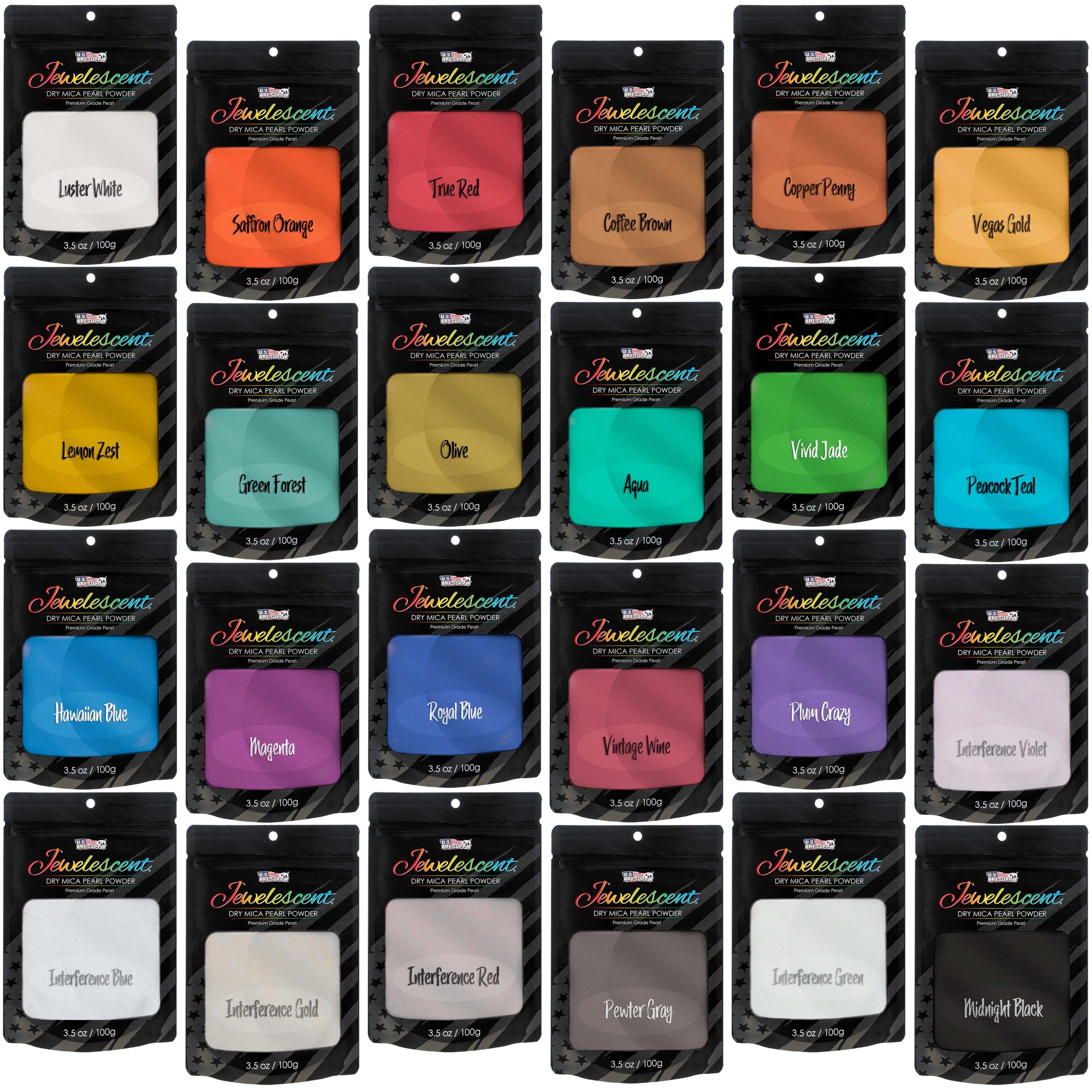 Jewelescent Mica Pearl Pigment Powder Kit. 24 Master Colors. 3.5 oz (100g) Pouches - Cosmetic Grade. Epoxy Resin Color Pigment. Mica Powder for Resin. Soap. Slime. Candle Dye. Art