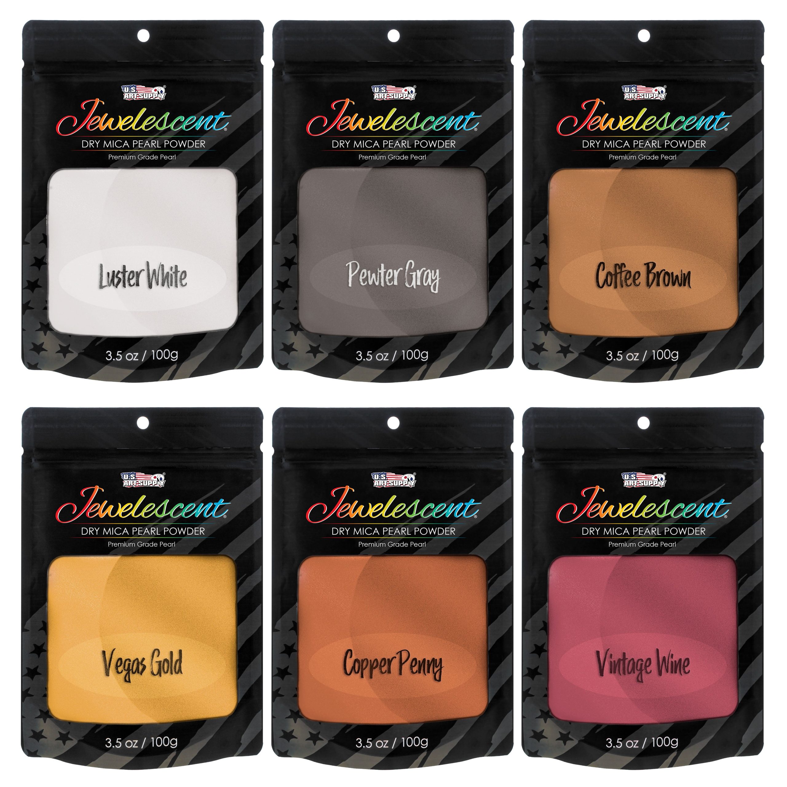 Jewelescent Mica Pearl Pigment Powder Kit. 6 Metal Tones Colors. 3.5 oz (100g) Pouches - Cosmetic Grade. Epoxy Resin Color Pigment. Mica Powder for Resin. Soap. Slime. Candle Dye. Art