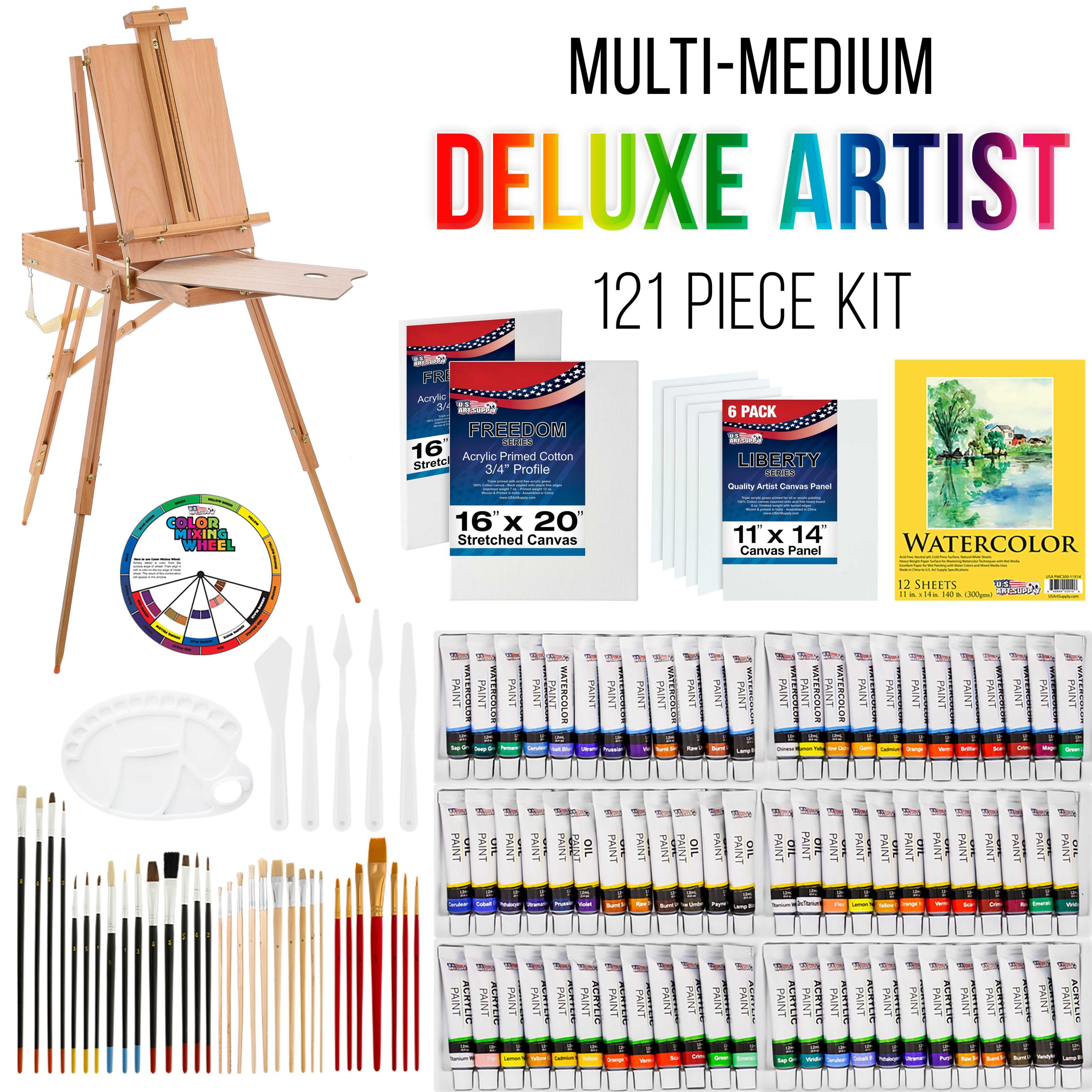 121-Piece Artist Painting Kit for Adults - Paint Easel. 24 Acrylic. 24 Oil. 24 Watercolor Paints. Stretched Canvas. Canvas Panels. Paper Pads. 32 Assorted Brushes. Palette. Gift Set - Image 2