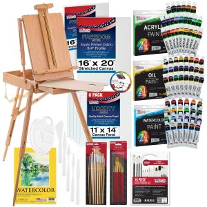 121-Piece Artist Painting Kit for Adults - Paint Easel. 24 Acrylic. 24 Oil. 24 Watercolor Paints. Stretched Canvas. Canvas Panels. Paper Pads. 32 Assorted Brushes. Palette. Gift Set