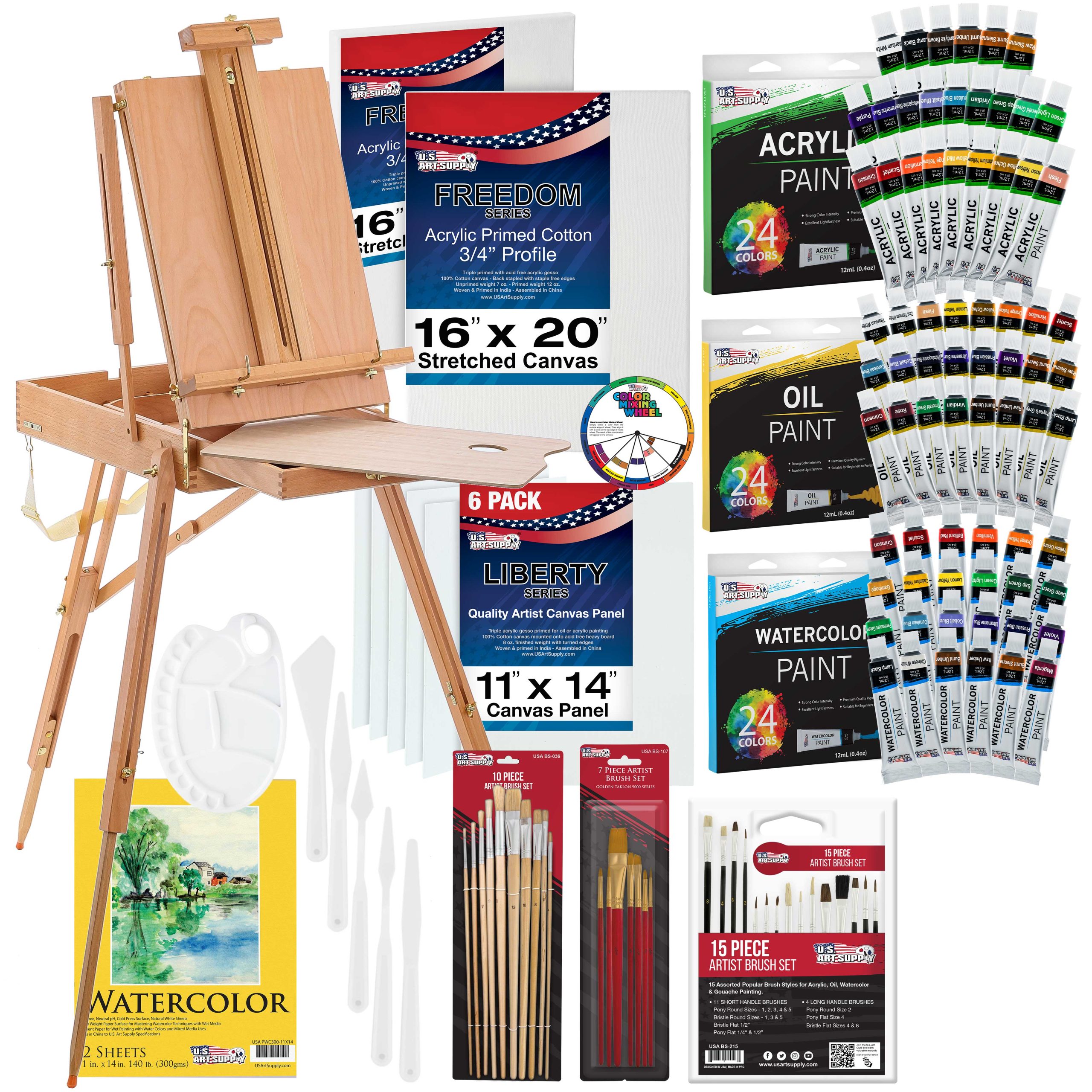 121-Piece Artist Painting Kit for Adults - Paint Easel. 24 Acrylic. 24 Oil. 24 Watercolor Paints. Stretched Canvas. Canvas Panels. Paper Pads. 32 Assorted Brushes. Palette. Gift Set