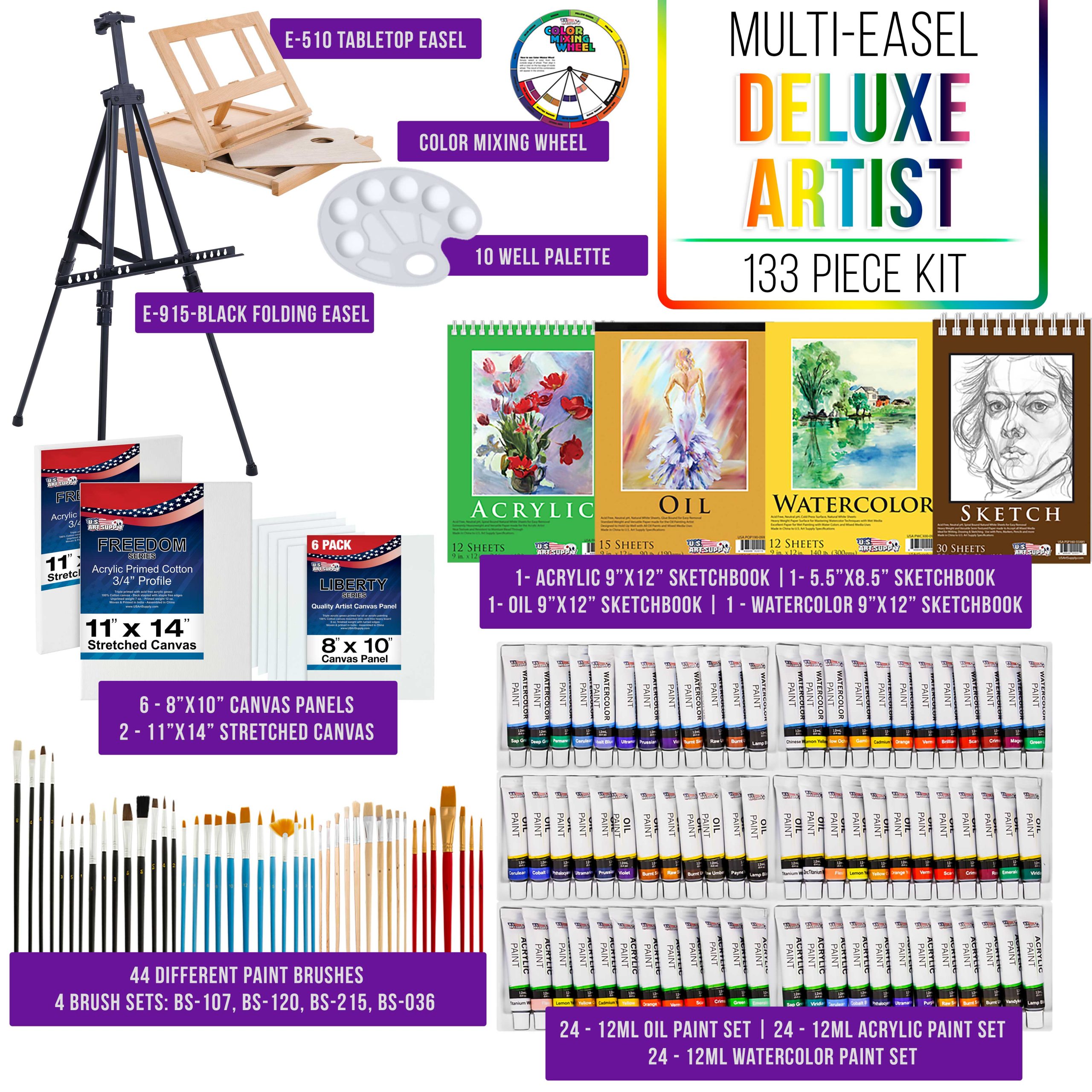 133-Piece Artist Painting Kit - Aluminum & Wood Easel. 24 Each (Acrylic. Oil. Watercolor Paints). 8 Canvases. 44 Brushes. 4 Paint & Sketch Pads - Painting Kits for Adults. Gift Set - Image 2