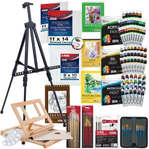 133-Piece Artist Painting Kit - Aluminum & Wood Easel. 24 Each (Acrylic. Oil. Watercolor Paints). 8 Canvases. 44 Brushes. 4 Paint & Sketch Pads - Painting Kits for Adults. Gift Set