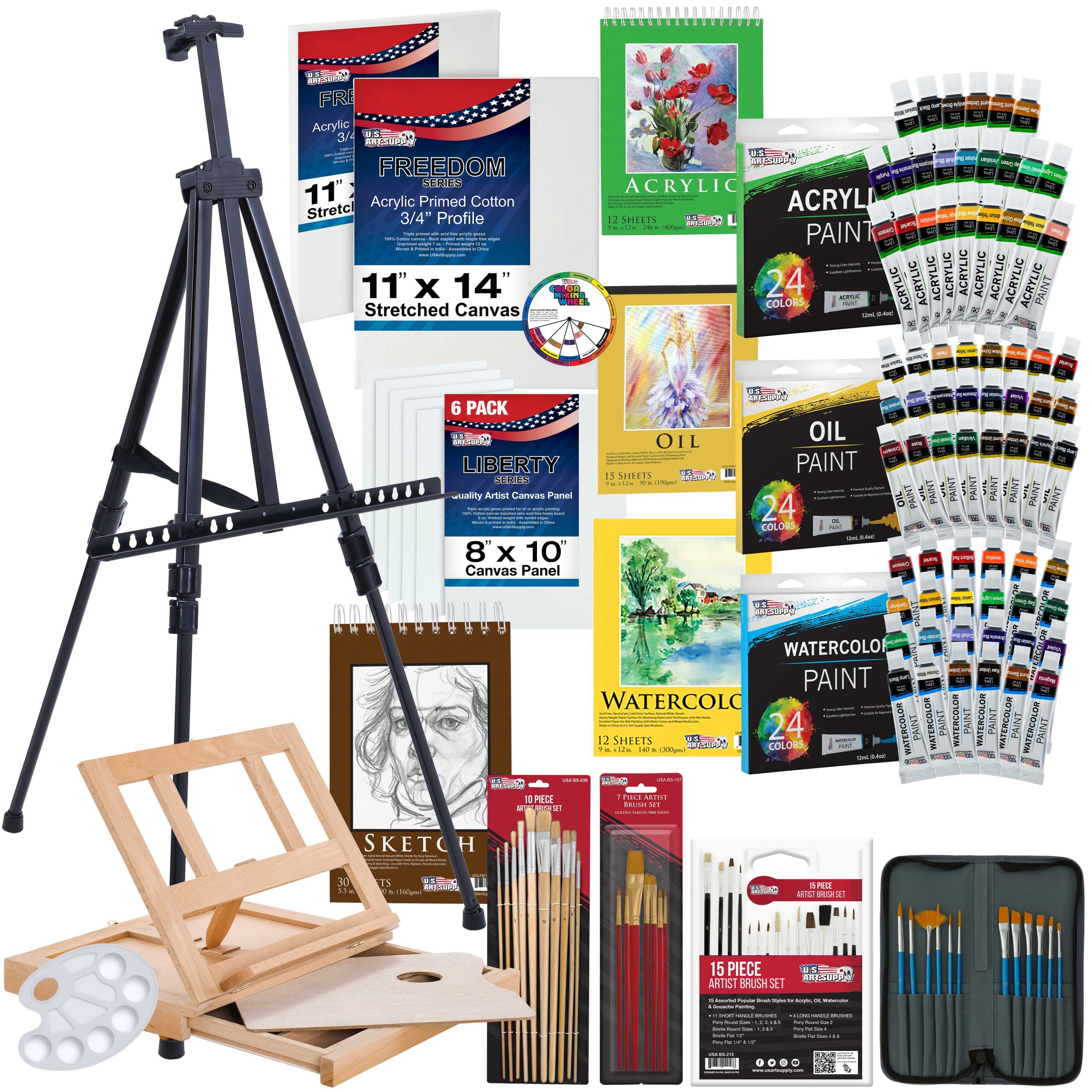 133-Piece Artist Painting Kit - Aluminum & Wood Easel. 24 Each (Acrylic. Oil. Watercolor Paints). 8 Canvases. 44 Brushes. 4 Paint & Sketch Pads - Painting Kits for Adults. Gift Set