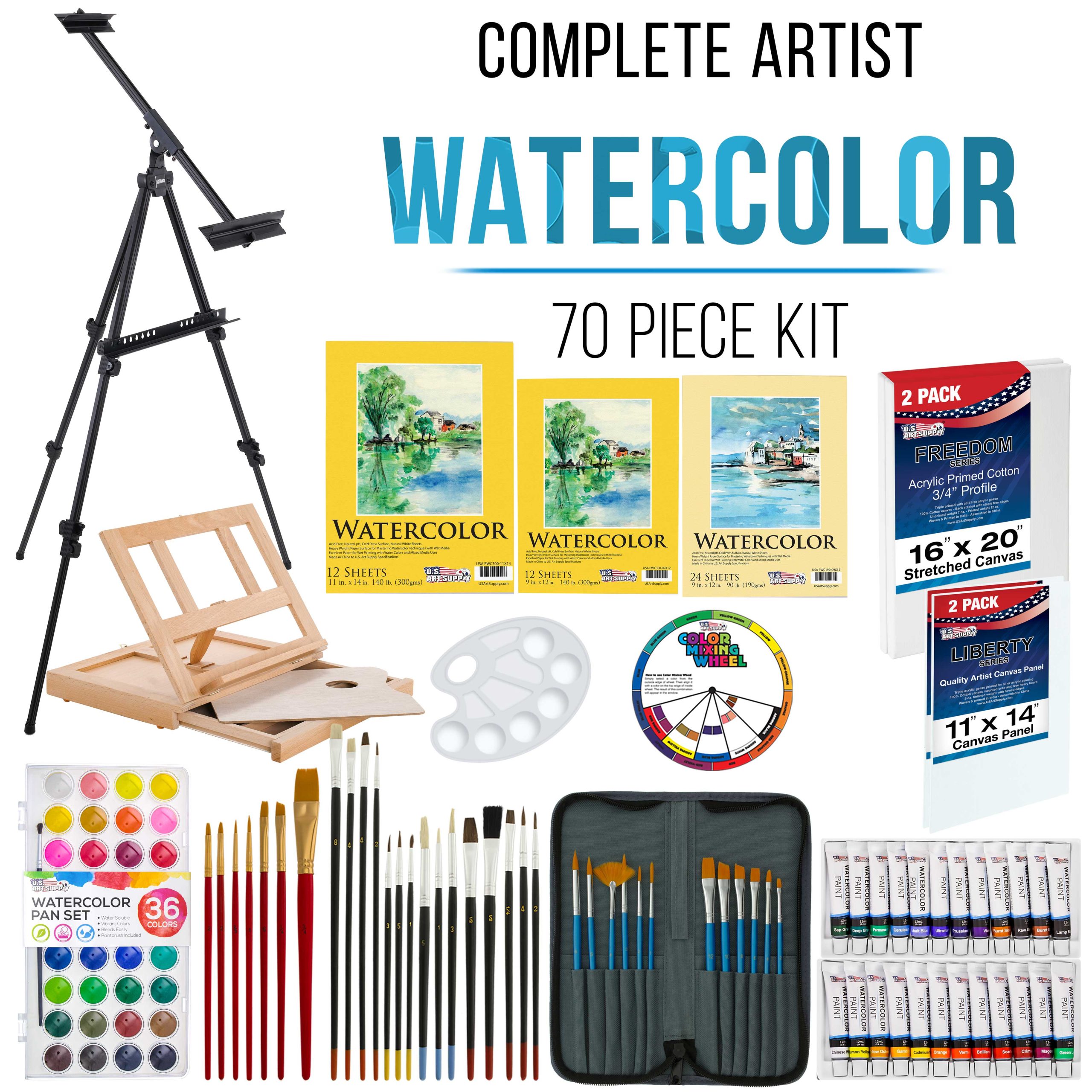 70-Piece Artist Watercolor Painting Set with Aluminum Field Easel. Wood Table Easel. 60 Watercolor Paint Colors. 34 Brushes 2 Canvases - Image 2