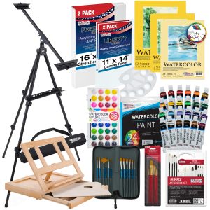 70-Piece Artist Watercolor Painting Set with Aluminum Field Easel. Wood Table Easel. 60 Watercolor Paint Colors. 34 Brushes 2 Canvases