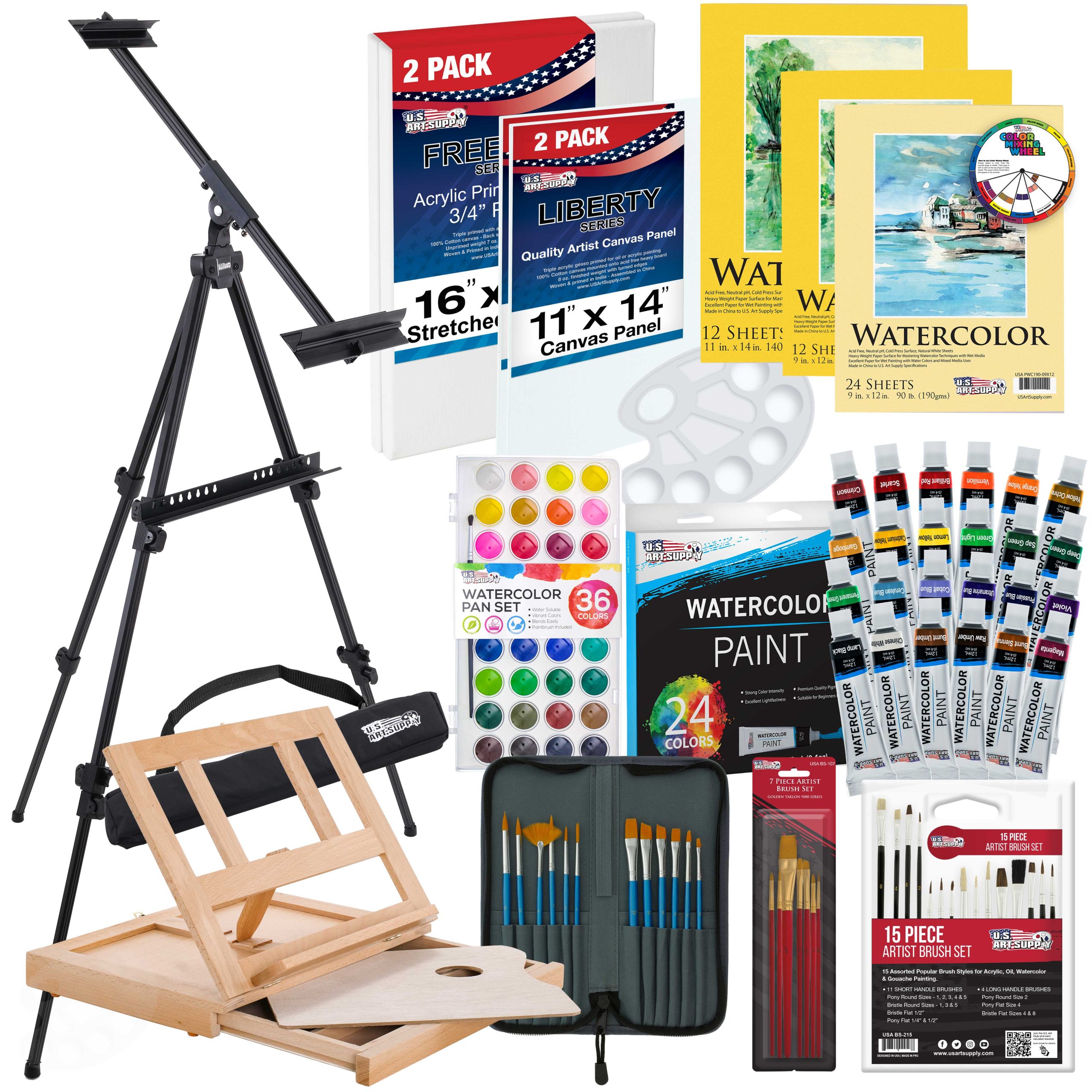 70-Piece Artist Watercolor Painting Set with Aluminum Field Easel. Wood Table Easel. 60 Watercolor Paint Colors. 34 Brushes 2 Canvases