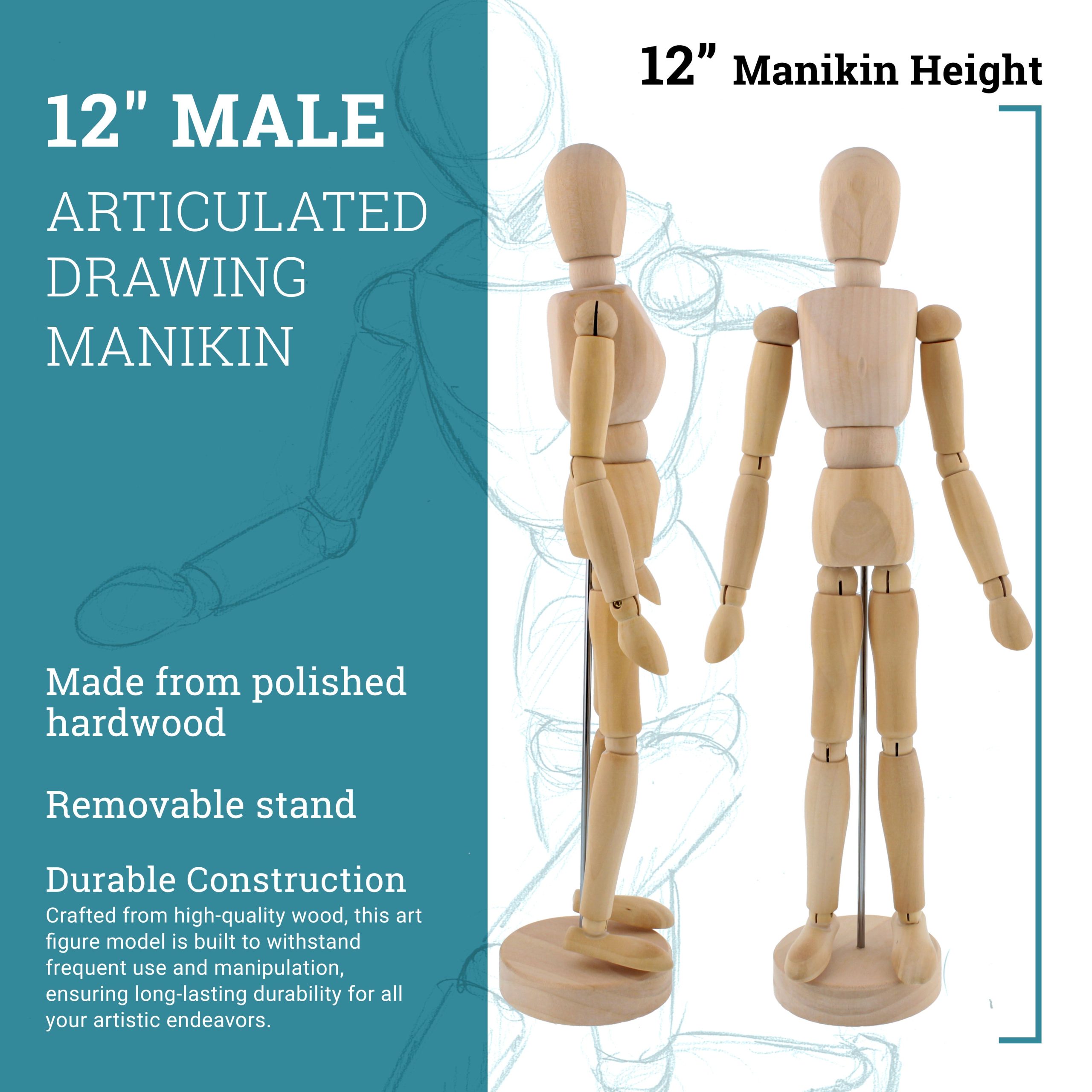 12 Wooden Male Manikin Posable Figure for Drawing - Articulated Mannequin with Base and Flexible Body for Drawing The Human Figure - Image 3