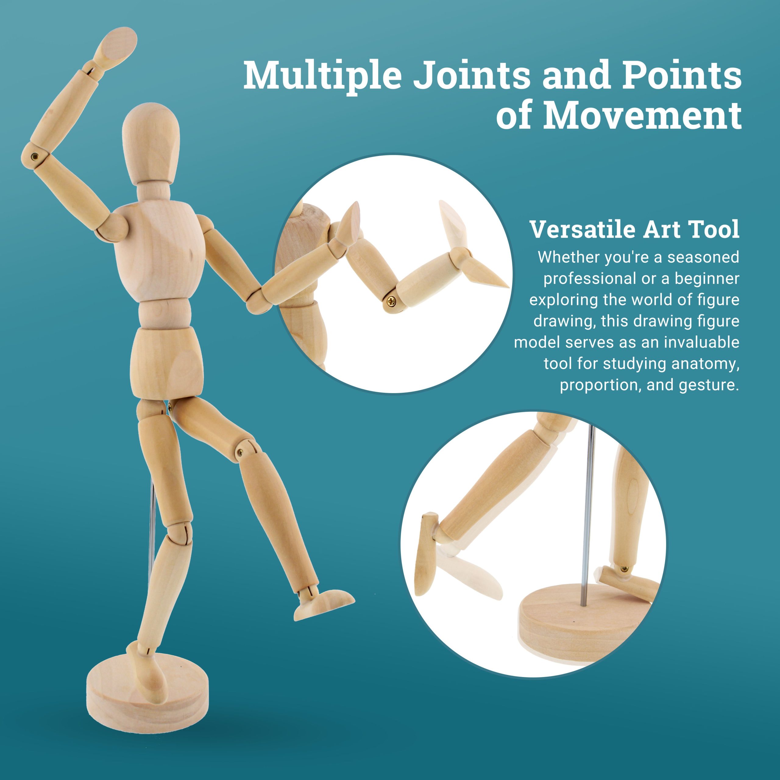 12 Wooden Male Manikin Posable Figure for Drawing - Articulated Mannequin with Base and Flexible Body for Drawing The Human Figure - Image 4