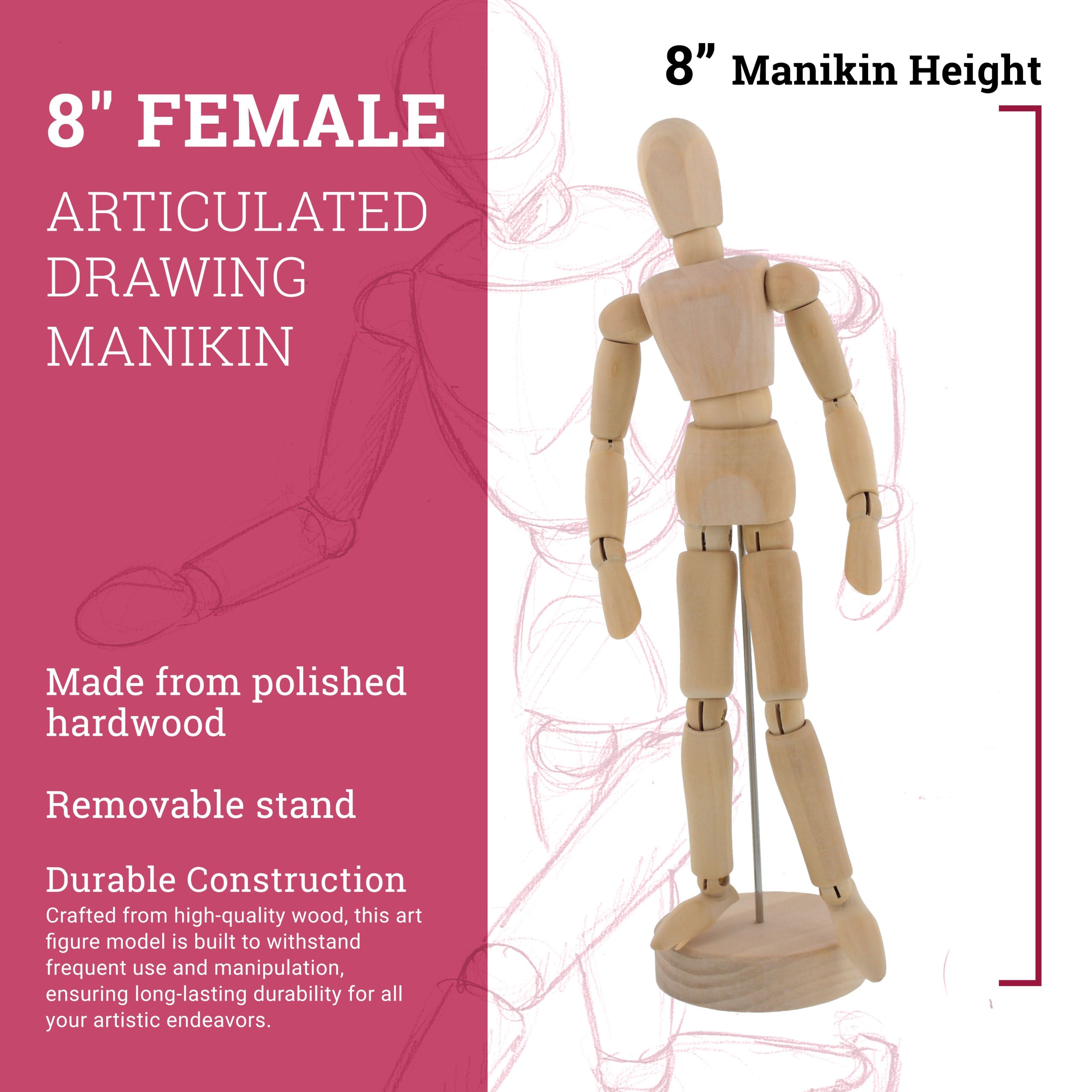 Wood 8 Artist Drawing Manikin Articulated Mannequin with Base and Flexible Body - Perfect For Drawing the Human Figure (8 Female) - Image 3