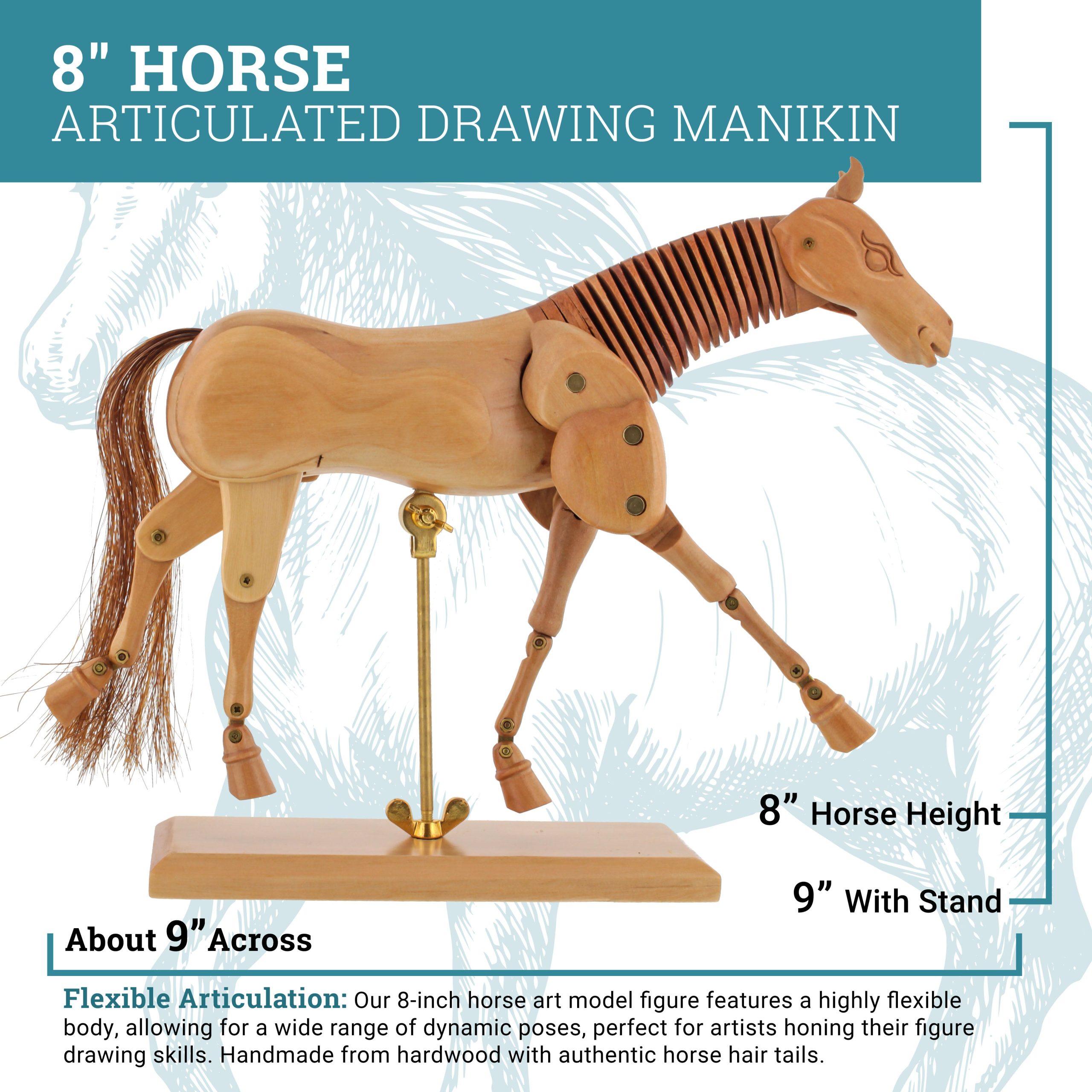 8 Wooden Horse Manikin Posable Figure for Drawing - Articulated Mannequin with Base and Flexible Body for Drawing The Equine Figure - Image 3