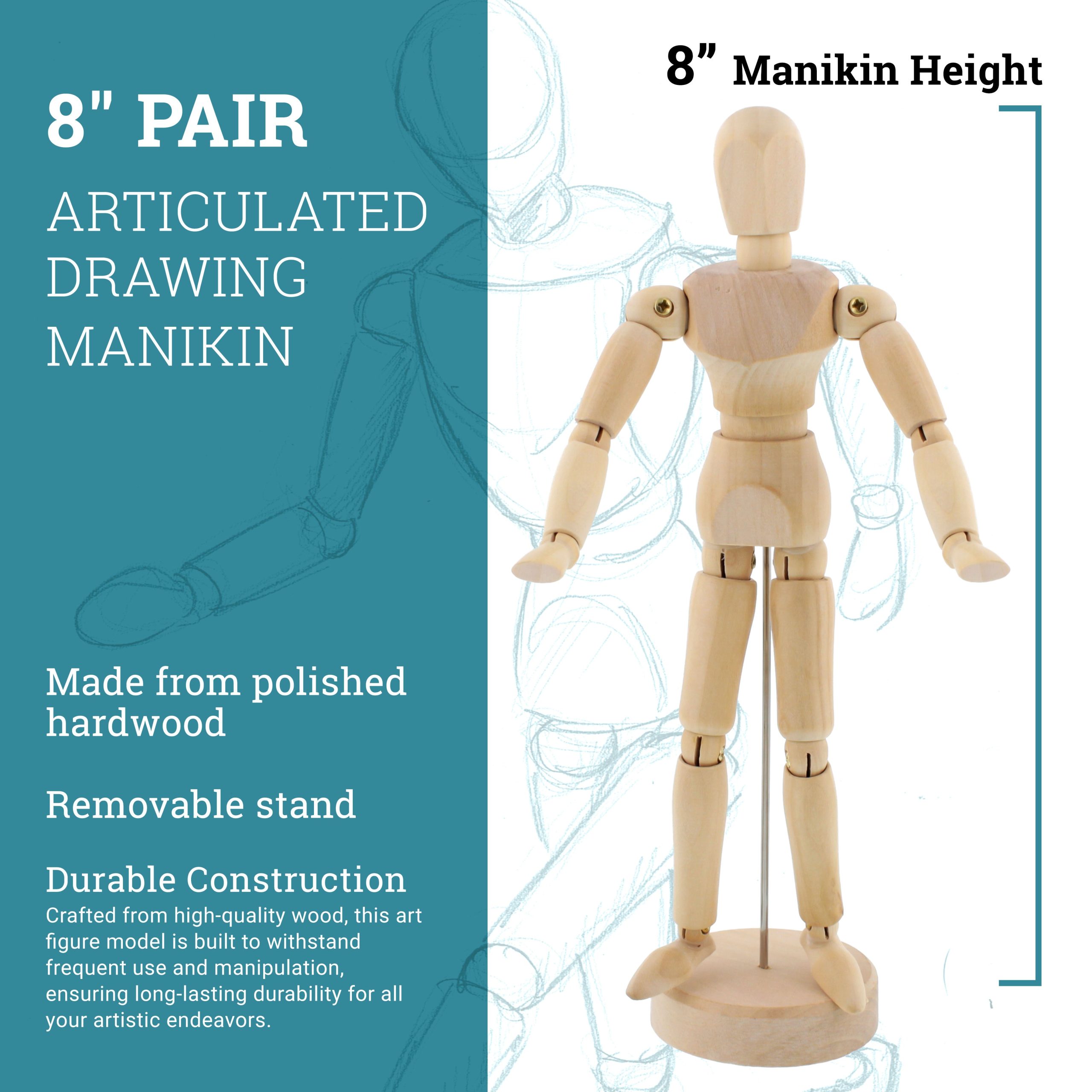 8 Wooden Male & Female Manikin Posable Figures for Drawing - Articulated Mannequin with Base and Flexible Body for Drawing The Human Figure - Image 3