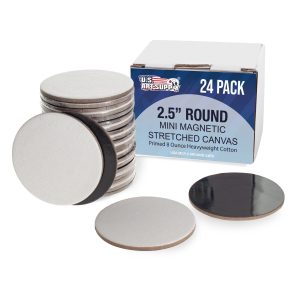 Mini Magnetic Canvas Panels. 24 Pack. 2.5 Inch Round. Primed 8 Ounce Heavyweight Cotton. Small Canvases for Painting Acrylic and Watercolor. White Square Flat Canvas Boards