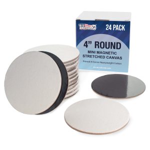 Mini Magnetic Canvas Panels. 24 Pack. 4 Inch Round. Primed 8 Ounce Heavyweight Cotton. Small Canvases for Painting Acrylic and Watercolor. White Square Flat Canvas Boards