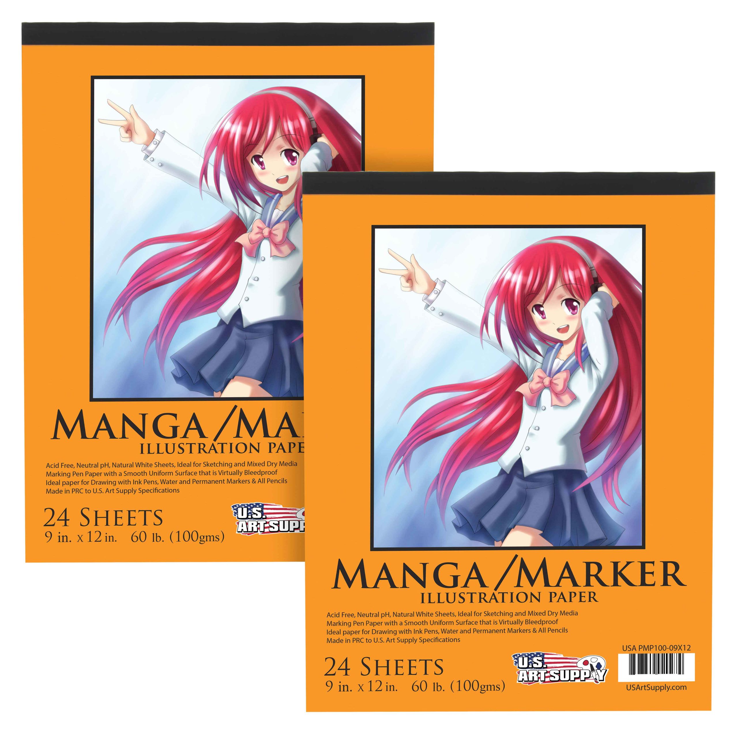 9' x 12 Premium Manga Marker Paper Pad (2 Pack. 48 Sheets Total) - 60lb (100gsm) Drawing Sketchbook for Alcohol & Acrylic Paint Markers