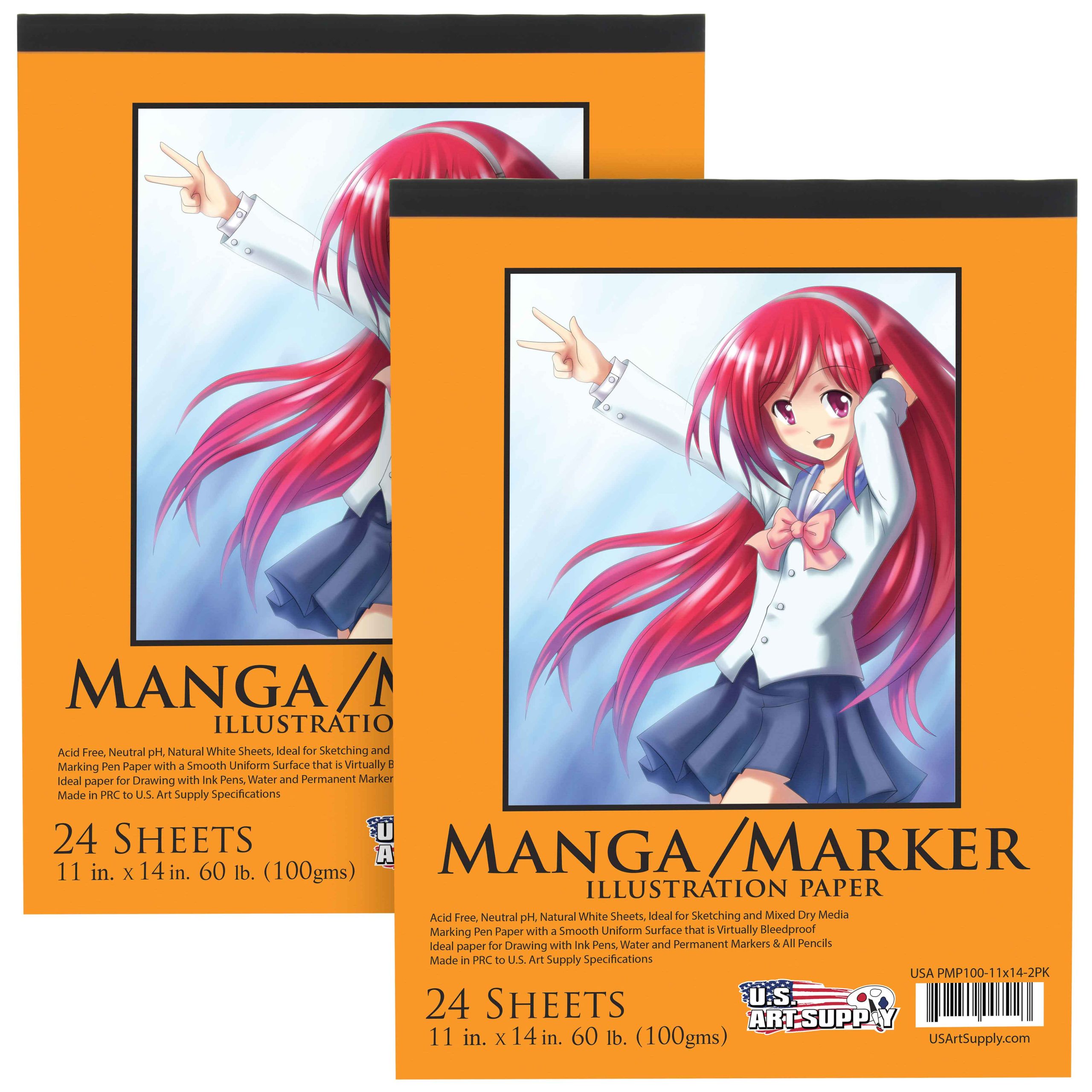 11' x 14 Premium Manga Marker Paper Pad (2 Pack. 48 Sheets Total) - 60lb (100gsm) Drawing Sketchbook for Alcohol & Acrylic Paint Markers