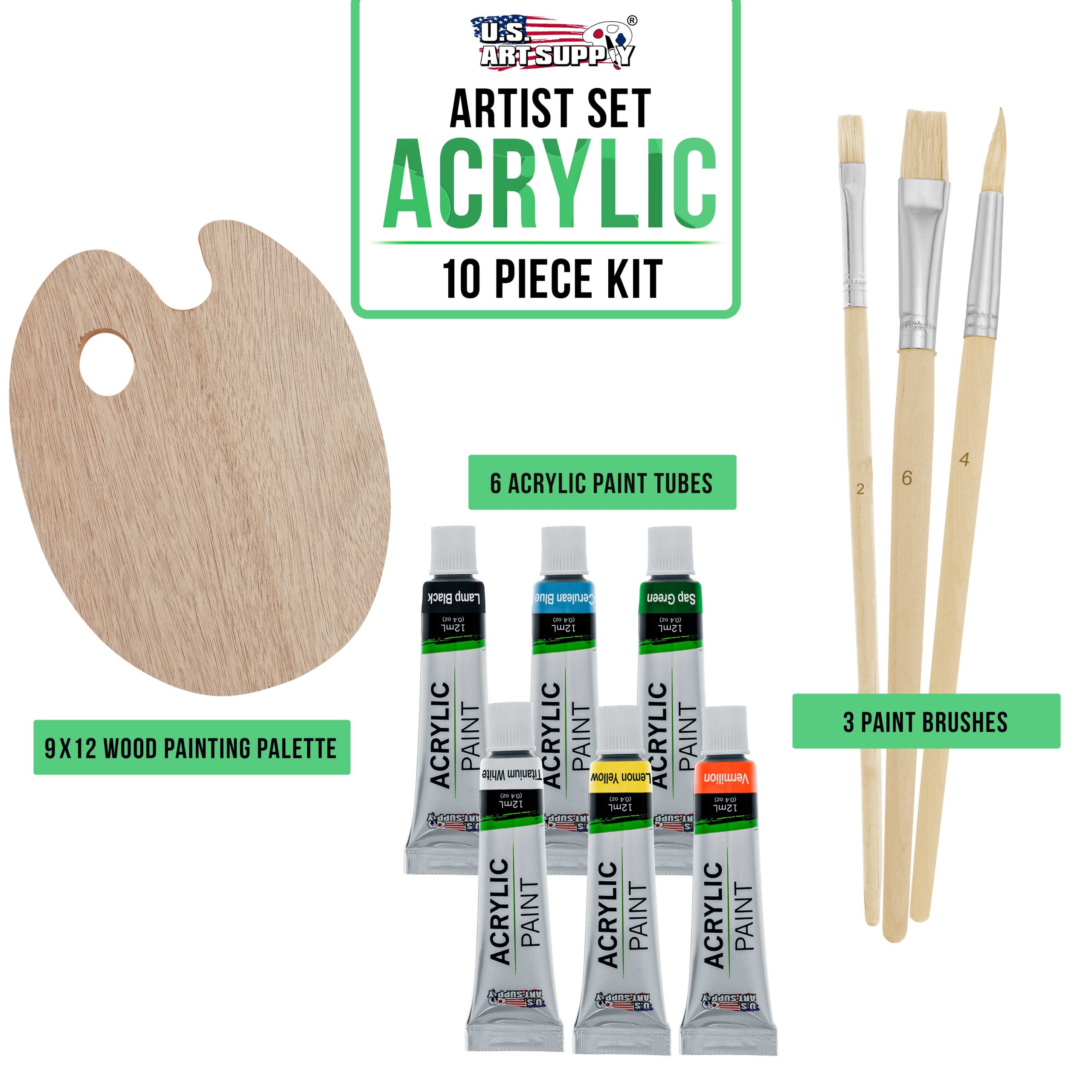 Wood Painting Palette Set with 6-Piece Acrylic Paint Tubes and 3 Brushes - Artist Palette for Painting - Image 2