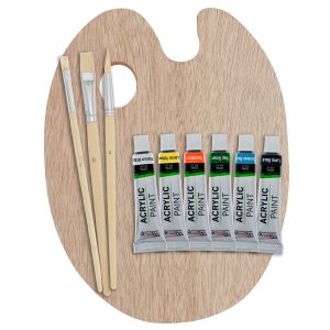 Wood Painting Palette Set with 6-Piece Acrylic Paint Tubes and 3 Brushes - Artist Palette for Painting
