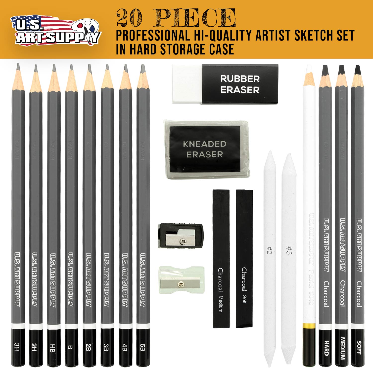 20 Piece Professional Hi-Quality Artist Sketch Set in Hard Storage Case - Sketch & Charcoal Pencils. Pastel. Stumps. Eraser. Sharpeners - Image 2