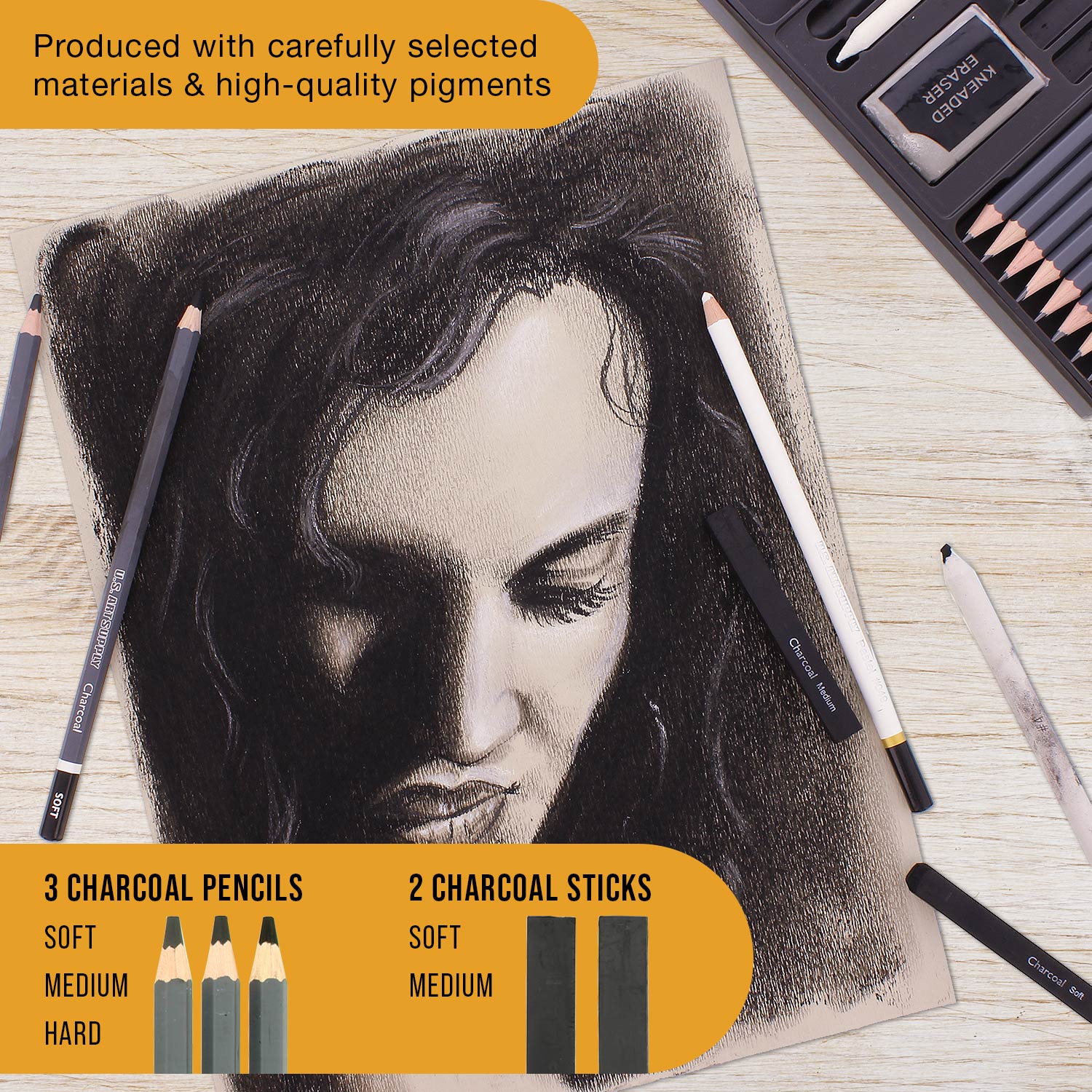 20 Piece Professional Hi-Quality Artist Sketch Set in Hard Storage Case - Sketch & Charcoal Pencils. Pastel. Stumps. Eraser. Sharpeners - Image 4