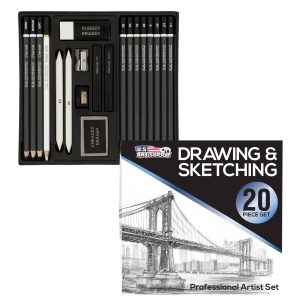 20 Piece Professional Hi-Quality Artist Sketch Set in Hard Storage Case - Sketch & Charcoal Pencils. Pastel. Stumps. Eraser. Sharpeners