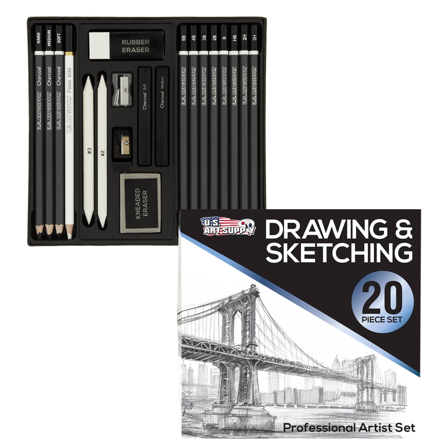 20 Piece Professional Hi-Quality Artist Sketch Set in Hard Storage Case - Sketch & Charcoal Pencils. Pastel. Stumps. Eraser. Sharpeners