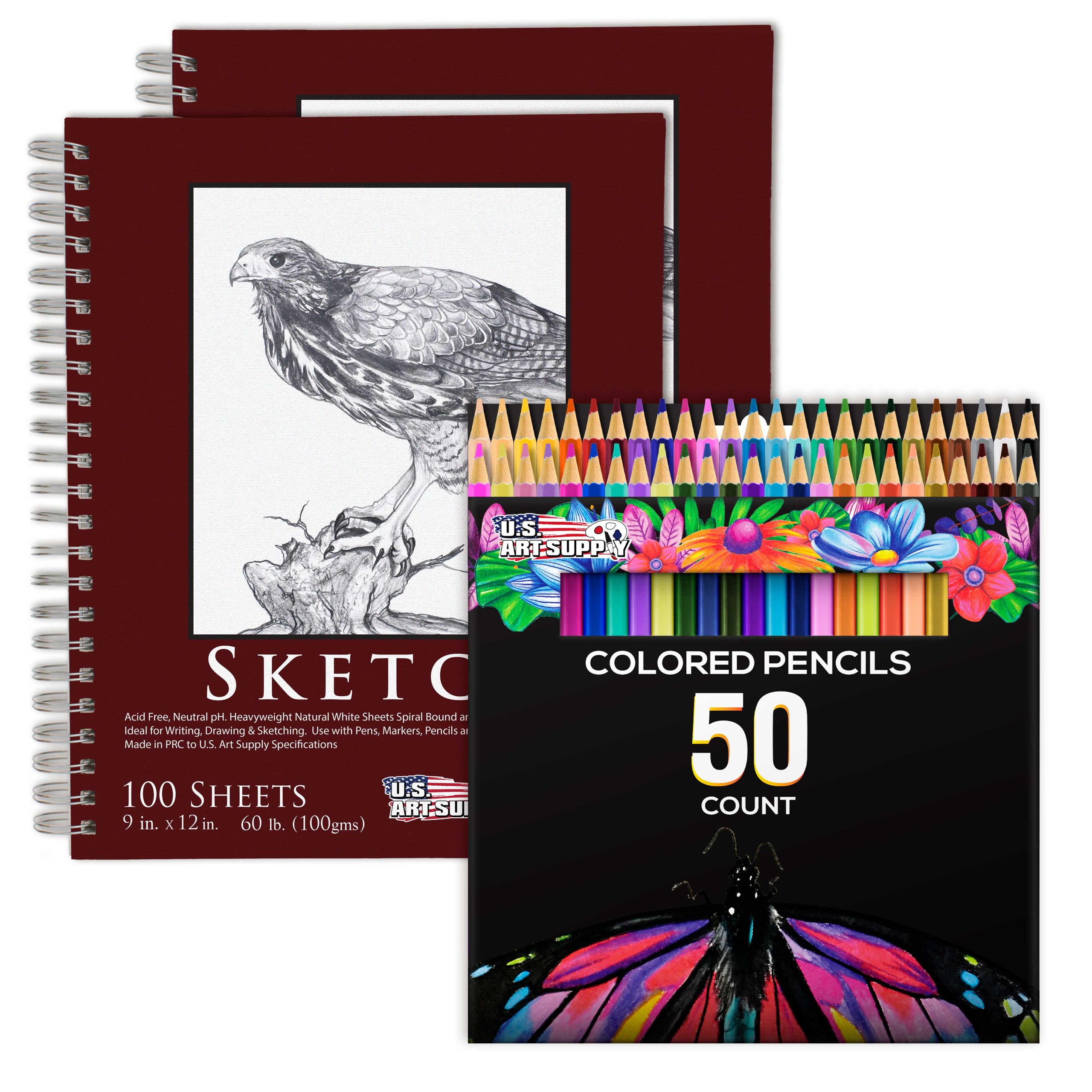 U.S. Art Supply 50 Piece Adult Coloring Book Artist Grade Colored Pencil Set with 2 - 9 x 12 Sketch Pads Drawing Paper - Sketching Shading Blending
