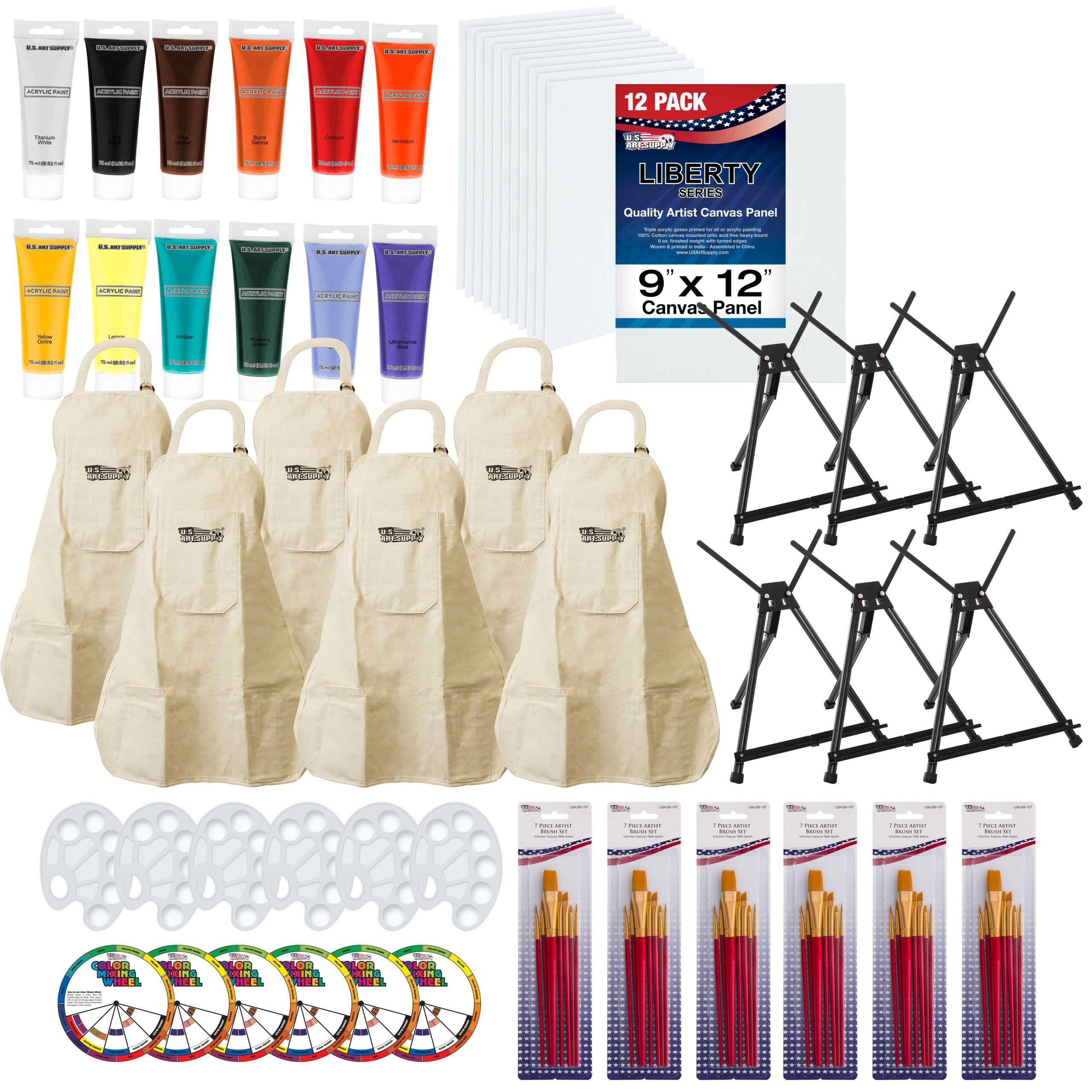 6-Person Wine Sip and Kids Art Painting Party Kit - 6 Easels. 12 Color Acrylic Paint Set. 12 Canvas Panels. Brush Sets Palettes Aprons