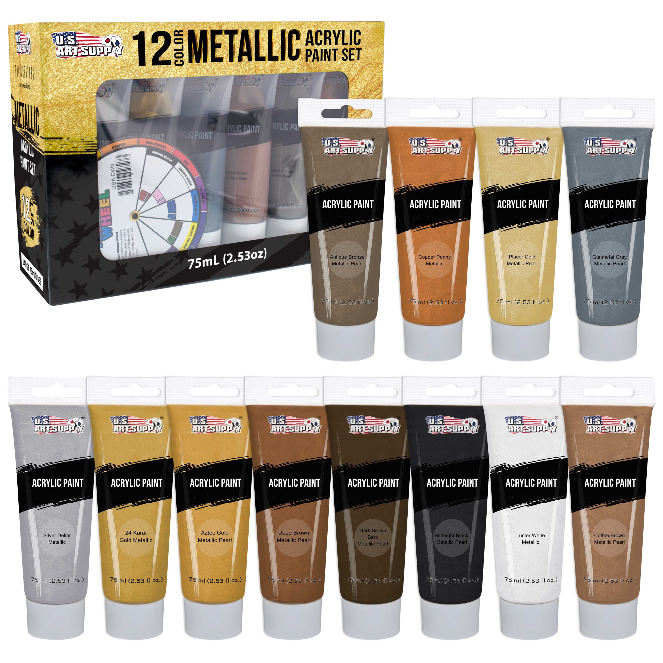 12-Color Metallic Acrylic Paint Set - 75ml Tubes - Acrylic Paint for Canvas Painting. Wood Crafts & Rock Painting