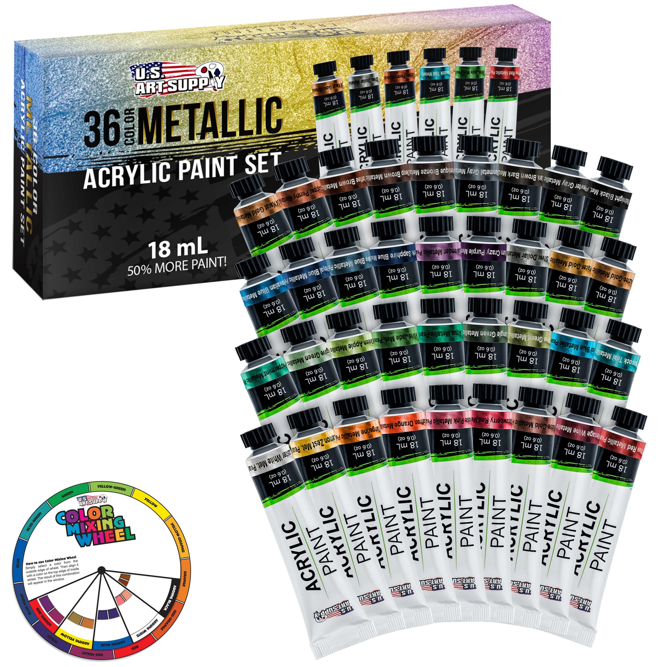 36-Color Metallic Acrylic Paint Set - 18ml Tubes - Acrylic Paint for Canvas Painting. Wood Crafts & Rock Painting - Color Mixing Wheel