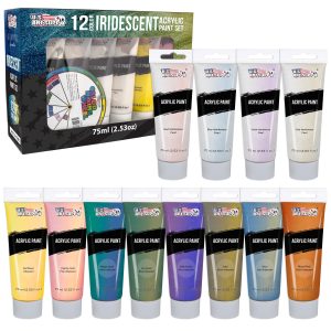 12-Color Iridescent Acrylic Paint Set Large 75ml Tubes - Luminescent. Chameleon. Color-Shifting Pearl Colors. Crafting Paints - Iridescent Paint Acrylics for Canvas. Wood. Rock. Paper
