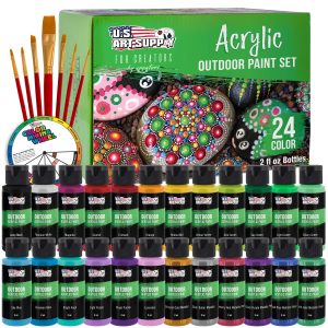 Professional 24 Color Outdoor Acrylic Paint Set. 2oz Bottles. with 7 Brush Kit - Vivid Colors for Painting Canvas. Rocks. Wood Crafts. Toys
