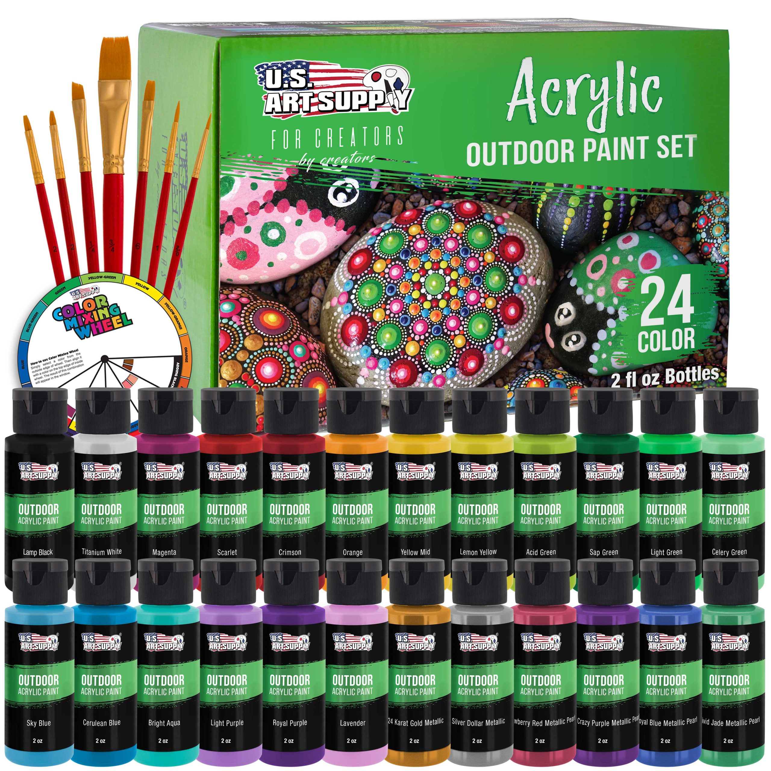 Professional 24 Color Outdoor Acrylic Paint Set. 2oz Bottles. with 7 Brush Kit - Vivid Colors for Painting Canvas. Rocks. Wood Crafts. Toys