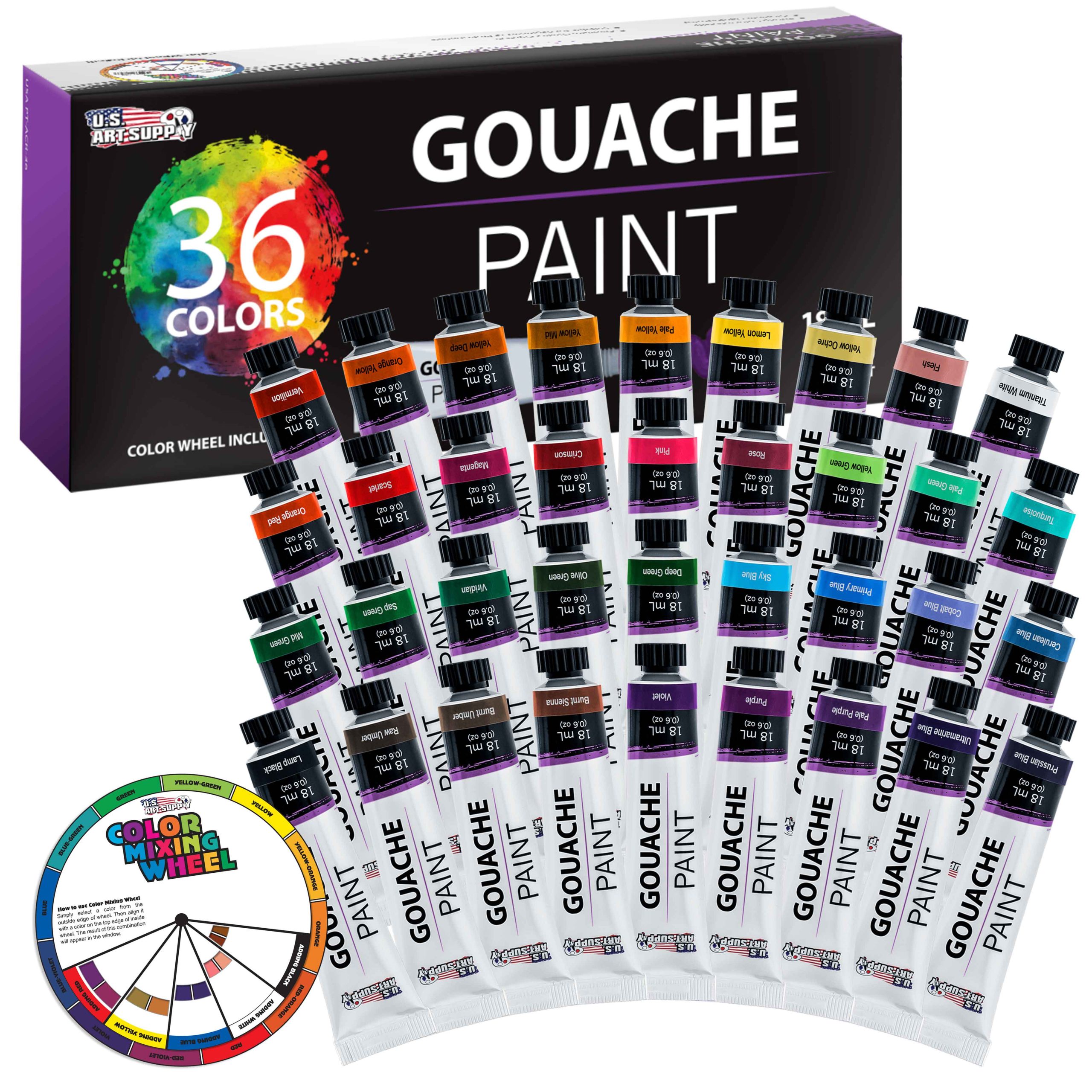 Professional 36-Color Gouache Paint Set in Large 18ml Tubes & Color Mixing Wheel - Gouache Paint Tubes for Artists. Students. Beginners
