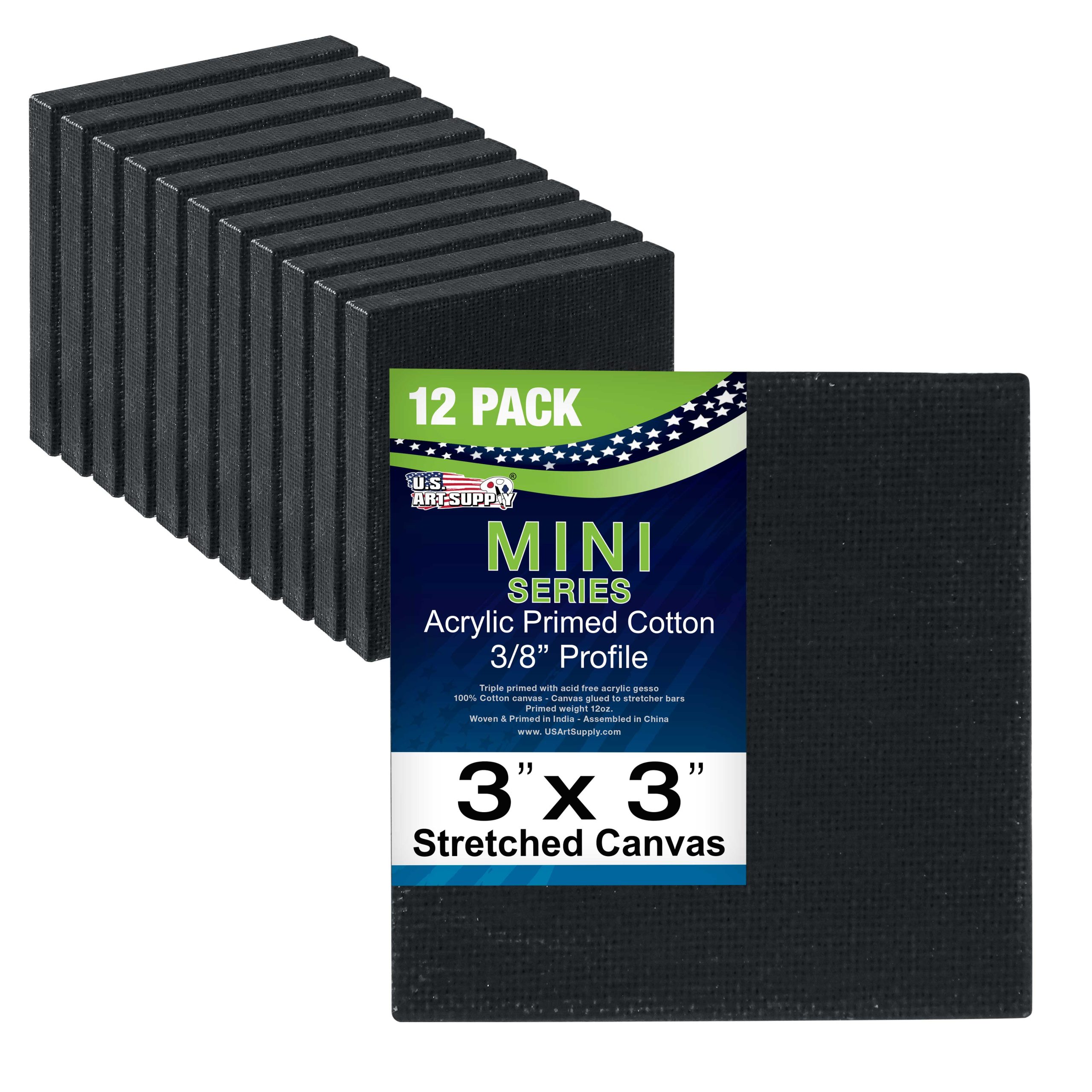 3 x 3 Black Mini Professional Primed Stretched Canvas 12 Pack