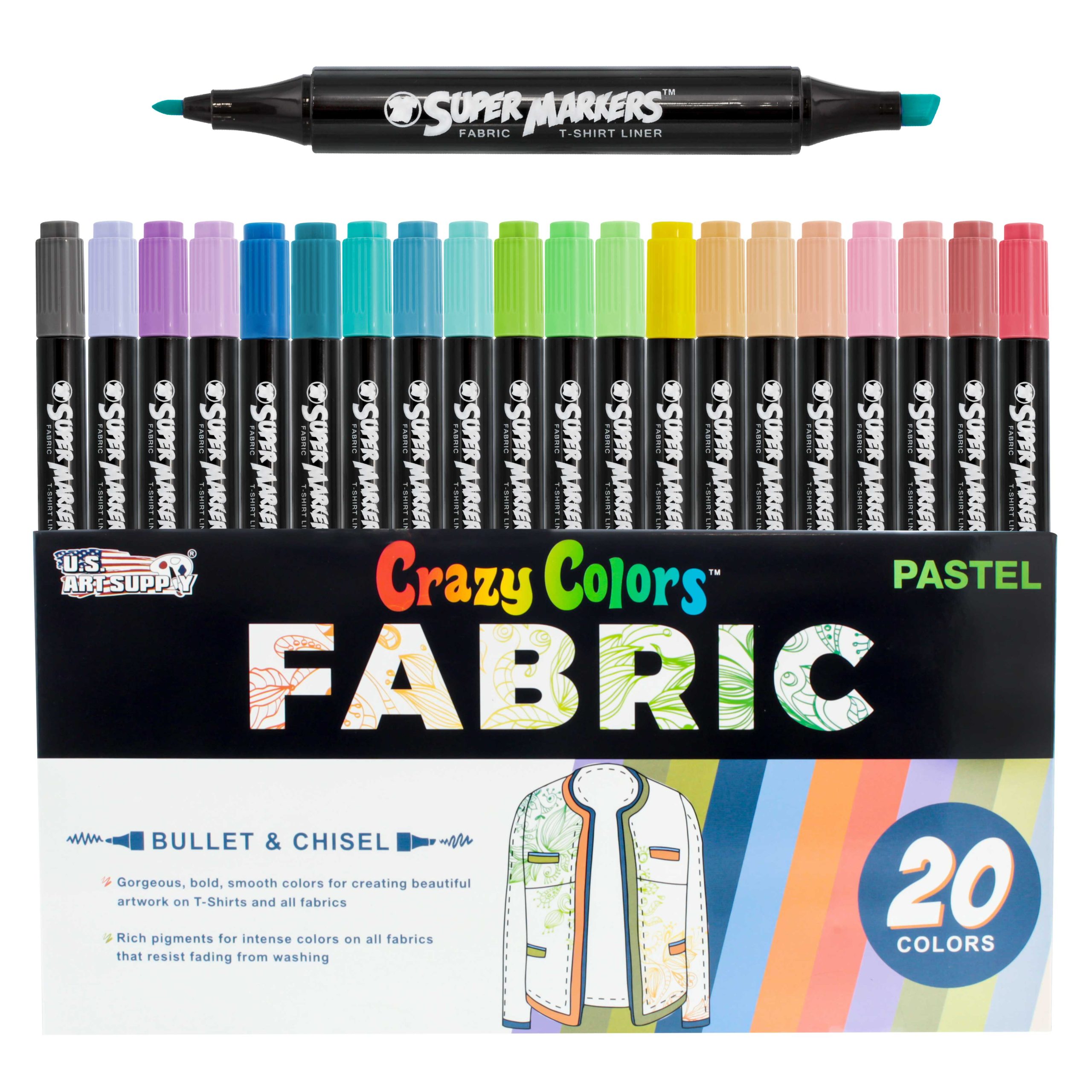 Super Markers 20 Pastel Dual Tip Fabric Markers - Fine & Chisel Point Pens Fabric Marker Permanent for Clothes. T-Shirts - Permanent Ink Eye-Catching Pastel Colors