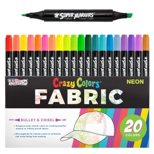 Super Markers 20 Neon Dual Tip Fabric Markers - Fine & Chisel Point Pens Fabric Marker Permanent for Clothes. T-Shirts - Permanent Ink Eye-Catching Ultra-Bright Neon Colors