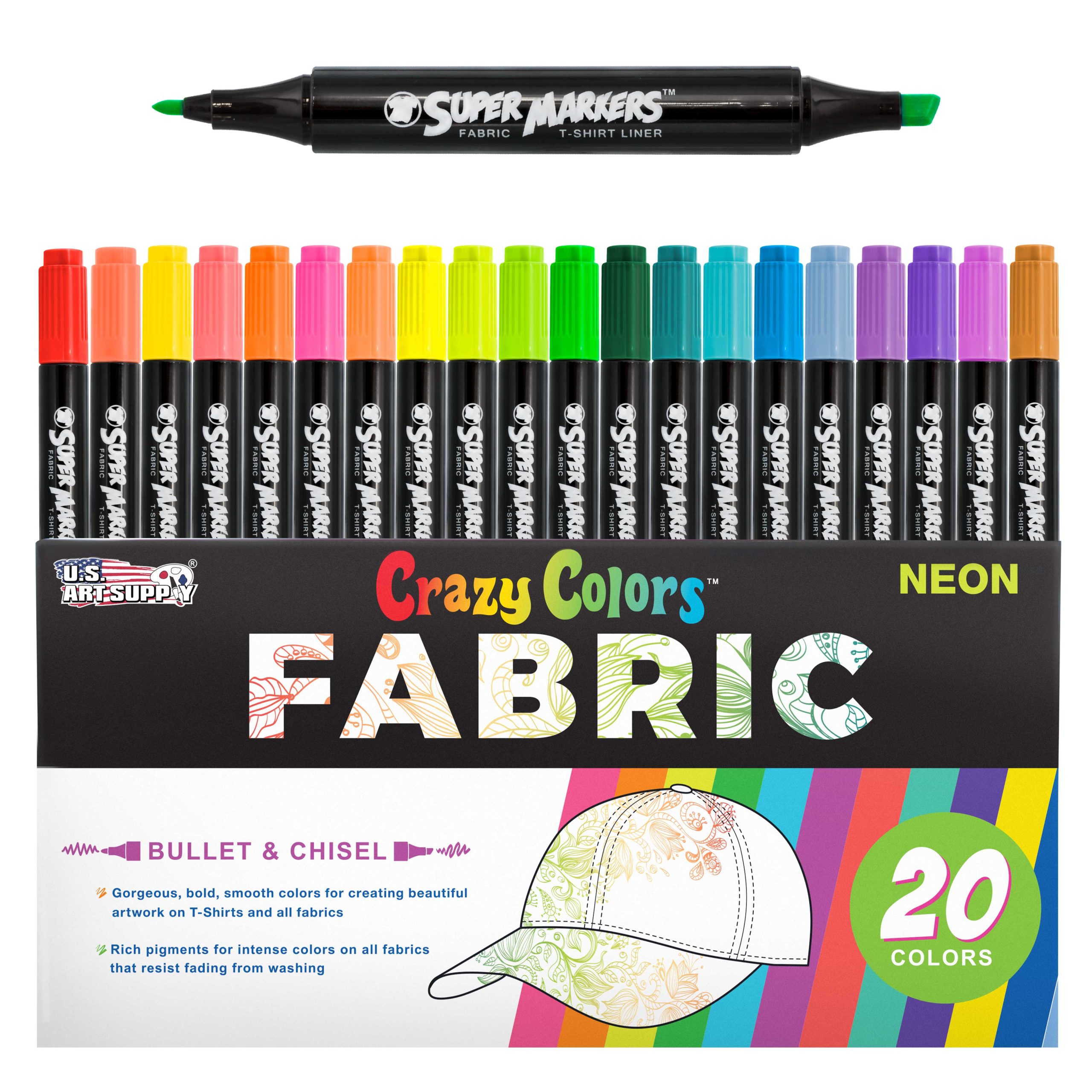 Super Markers 20 Neon Dual Tip Fabric Markers - Fine & Chisel Point Pens Fabric Marker Permanent for Clothes. T-Shirts - Permanent Ink Eye-Catching Ultra-Bright Neon Colors