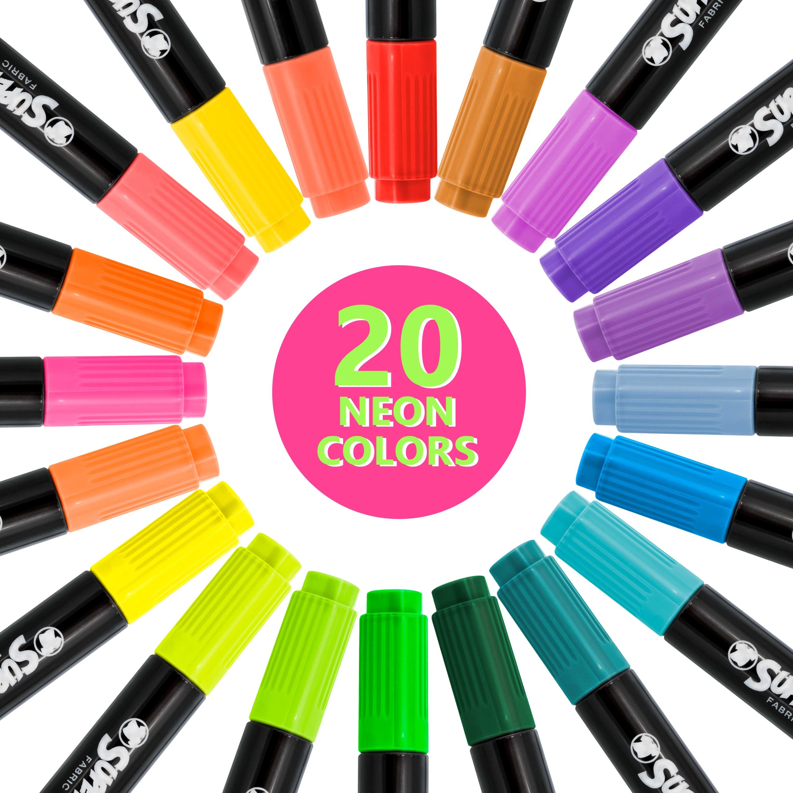 Super Markers 20 Neon Dual Tip Fabric Markers - Fine & Chisel Point Pens Fabric Marker Permanent for Clothes. T-Shirts - Permanent Ink Eye-Catching Ultra-Bright Neon Colors - Image 2