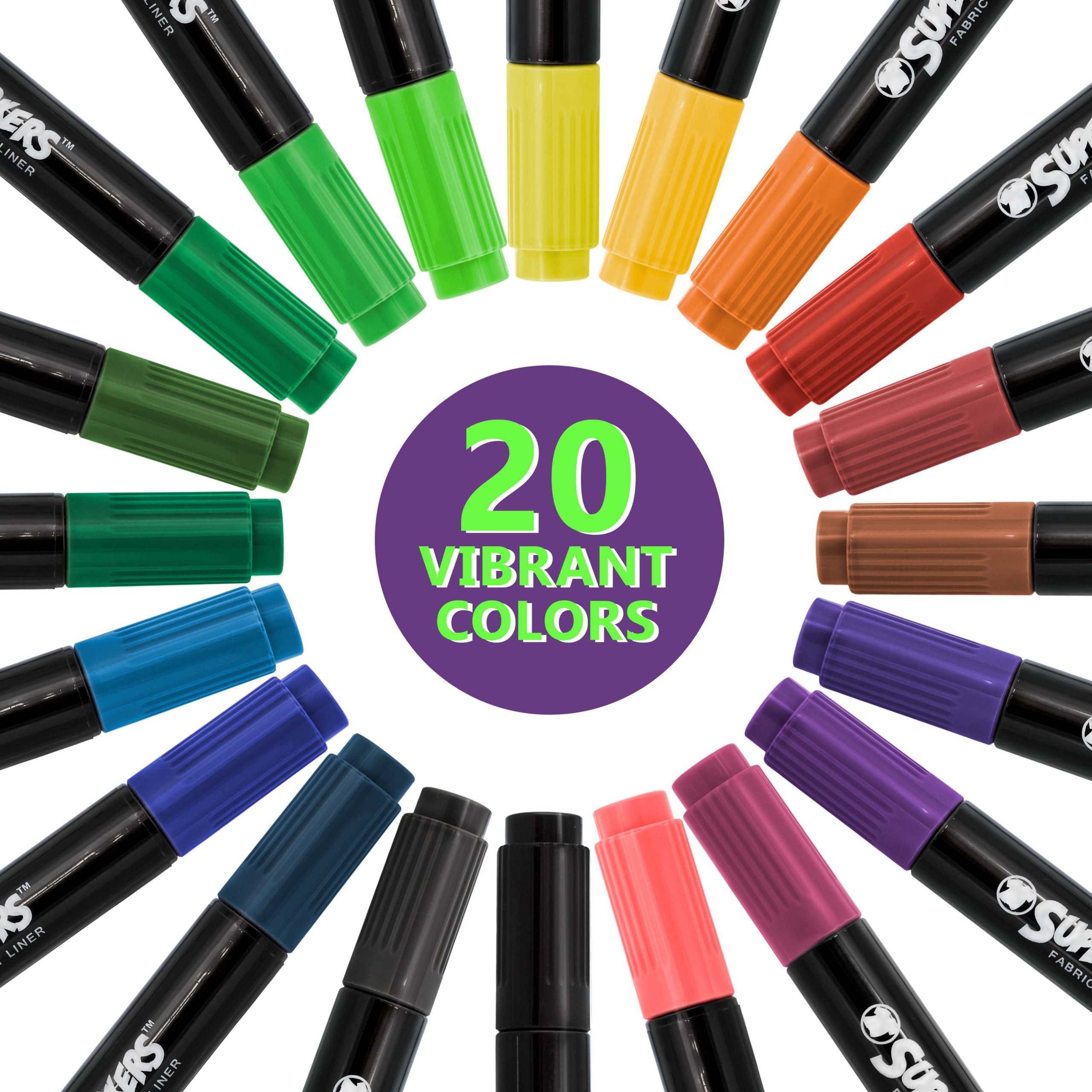 Super Markers 20 Vibrant Dual Tip Fabric Markers - Fine & Chisel Point Pens Fabric Marker Permanent for Clothes. T-Shirts - Permanent Ink Eye-Catching Vibrant & Bold Colors - Image 2