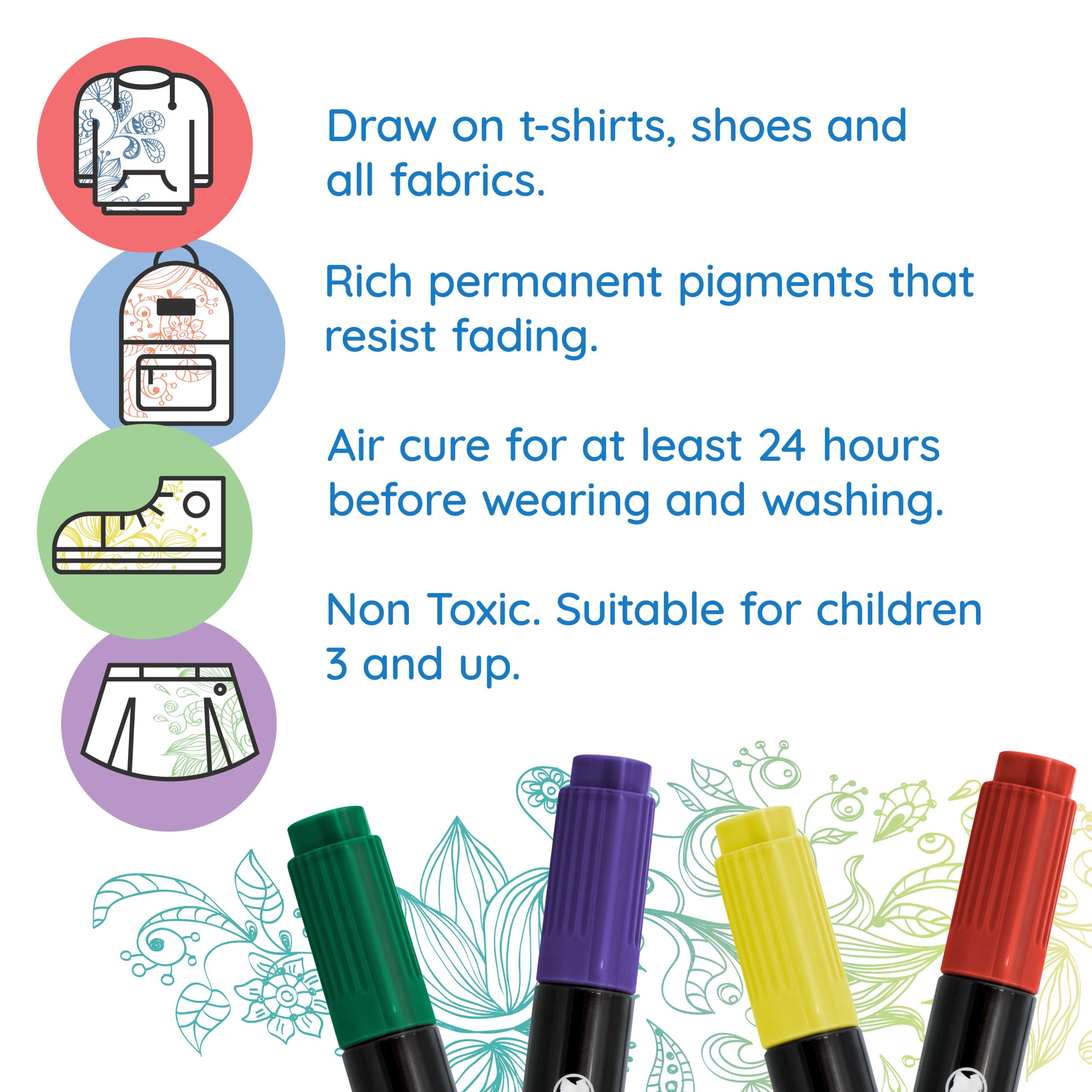 Super Markers 20 Vibrant Dual Tip Fabric Markers - Fine & Chisel Point Pens Fabric Marker Permanent for Clothes. T-Shirts - Permanent Ink Eye-Catching Vibrant & Bold Colors - Image 4