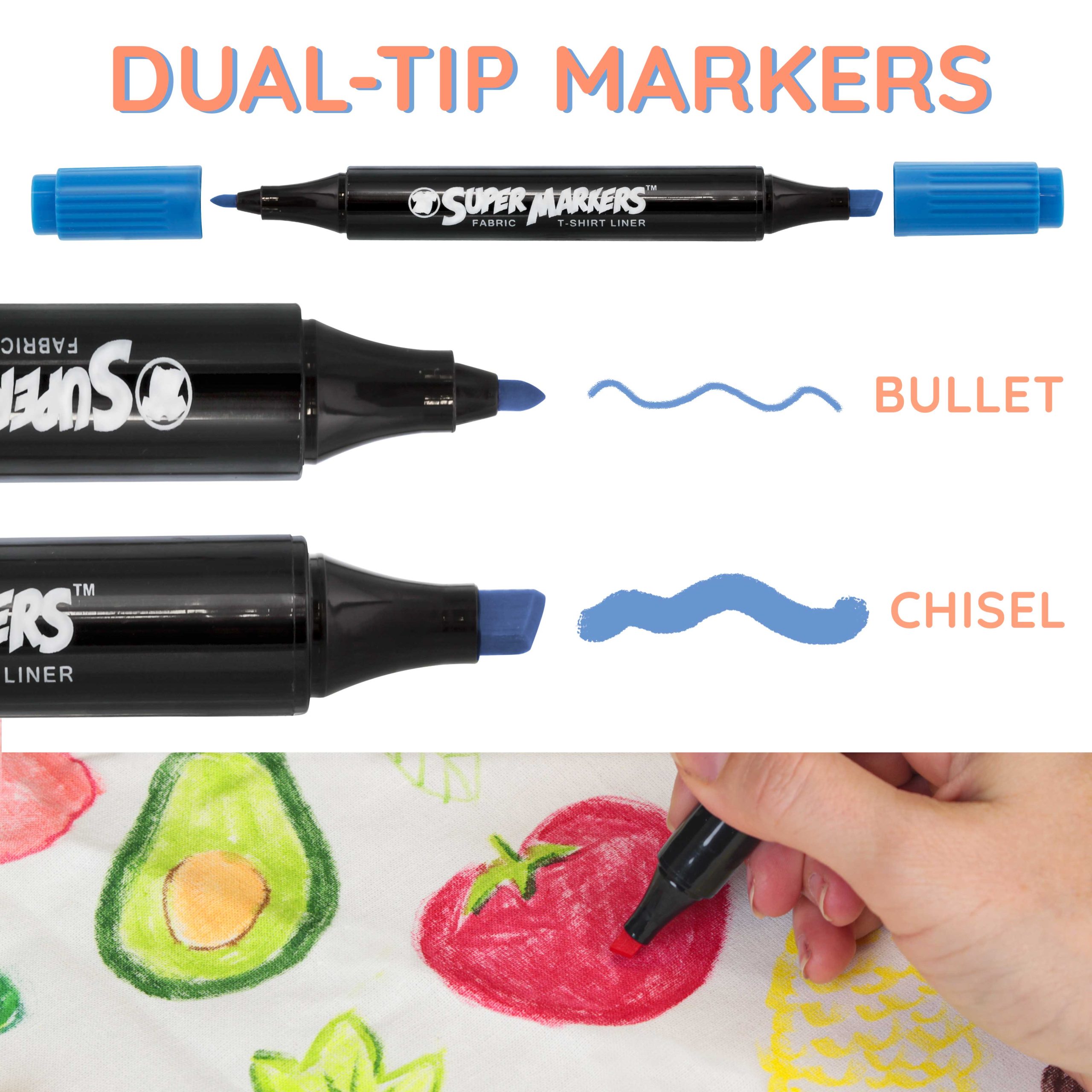 Super Markers 20 Vibrant Dual Tip Fabric Markers - Fine & Chisel Point Pens Fabric Marker Permanent for Clothes. T-Shirts - Permanent Ink Eye-Catching Vibrant & Bold Colors - Image 5