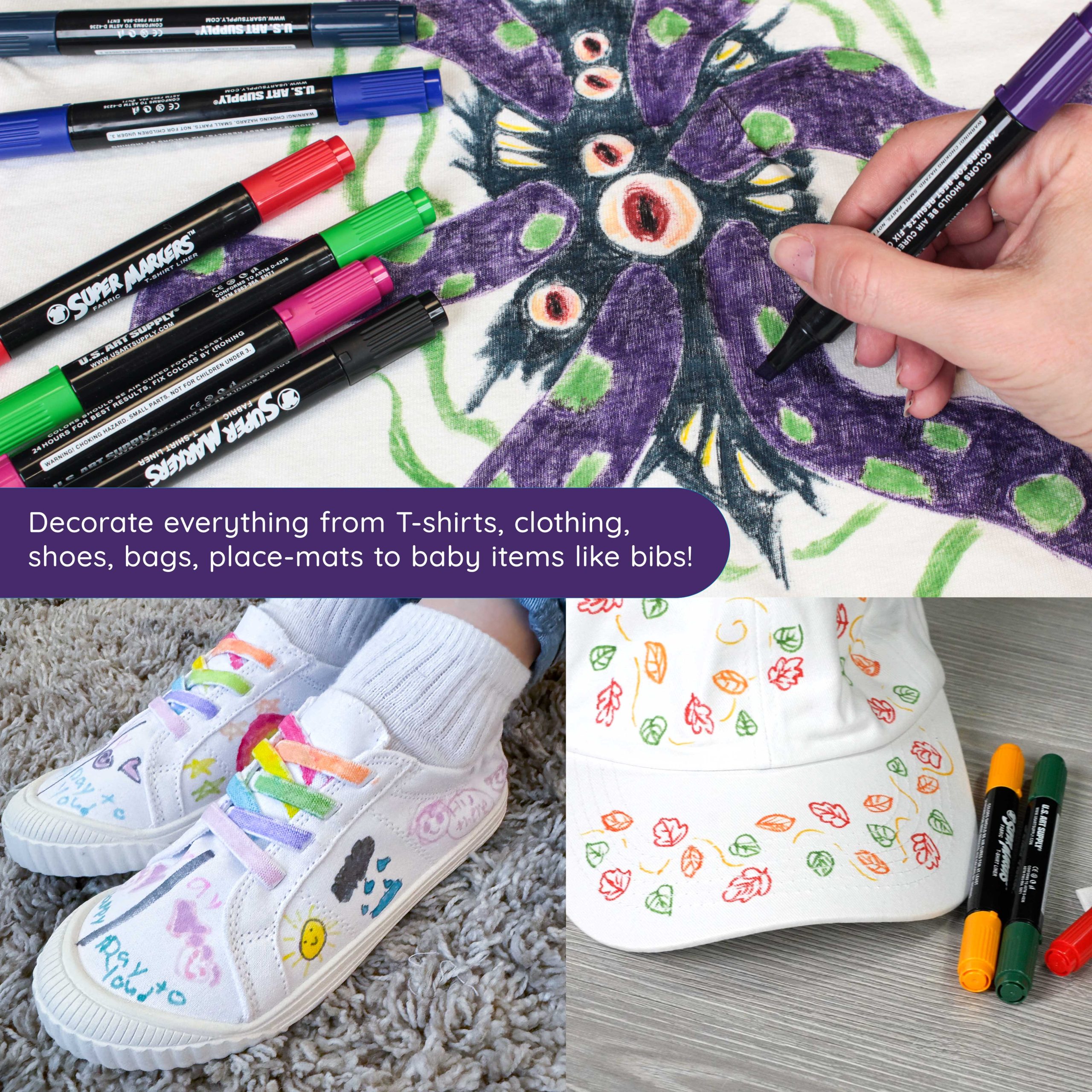 Super Markers 20 Vibrant Dual Tip Fabric Markers - Fine & Chisel Point Pens Fabric Marker Permanent for Clothes. T-Shirts - Permanent Ink Eye-Catching Vibrant & Bold Colors - Image 7