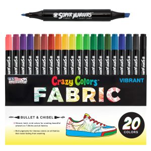 Super Markers 20 Vibrant Dual Tip Fabric Markers - Fine & Chisel Point Pens Fabric Marker Permanent for Clothes. T-Shirts - Permanent Ink Eye-Catching Vibrant & Bold Colors