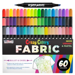 Super Markers 60 Primary. Pastel & Neon Dual Tip Fabric Markers - Fine & Chisel Point Pens Fabric Marker Permanent for Clothes. T-Shirts - Permanent Ink Eye-Catching Colors