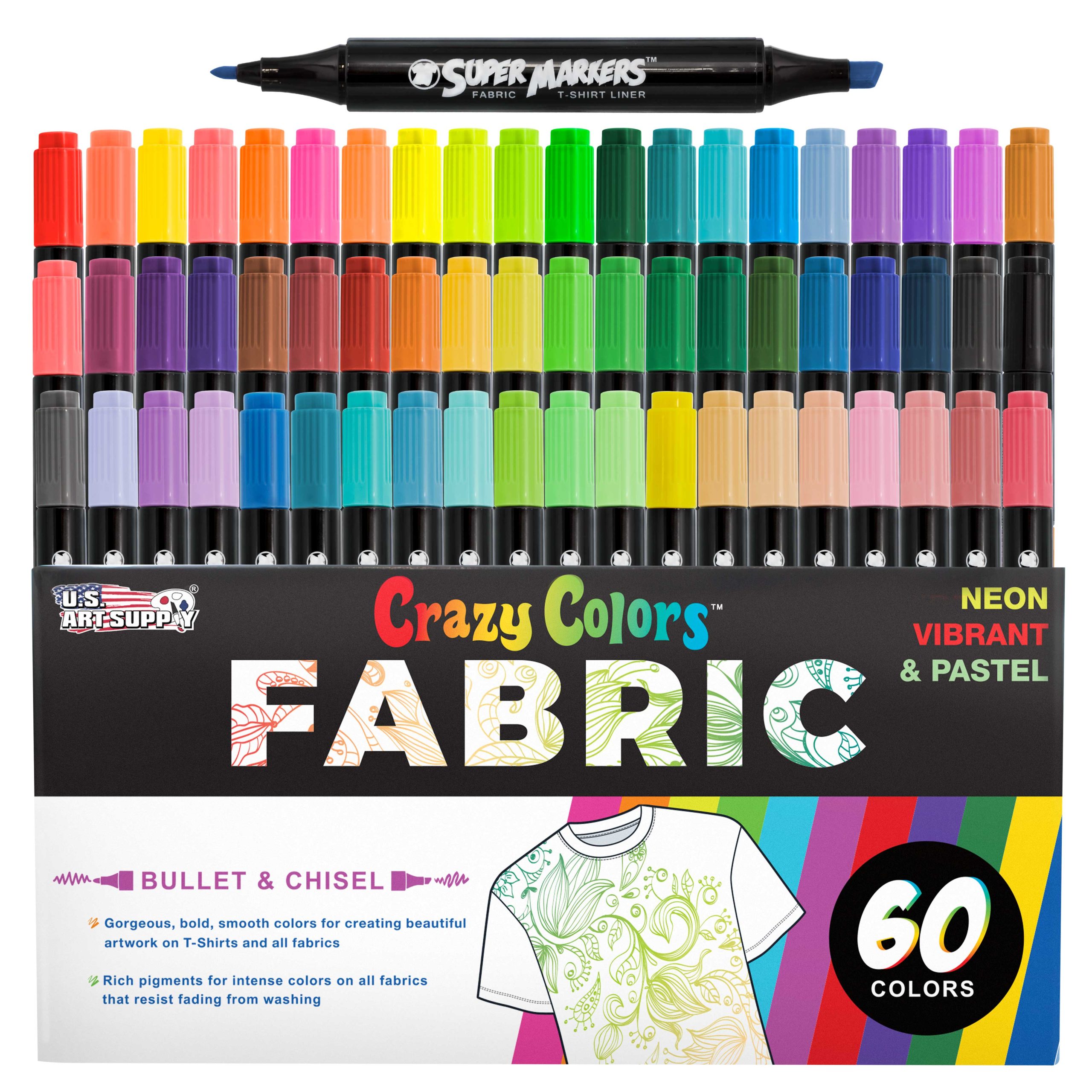 Super Markers 60 Primary. Pastel & Neon Dual Tip Fabric Markers - Fine & Chisel Point Pens Fabric Marker Permanent for Clothes. T-Shirts - Permanent Ink Eye-Catching Colors